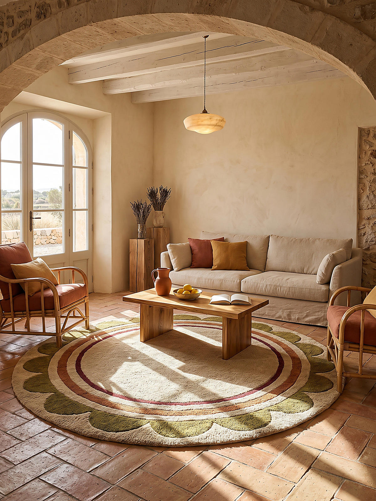 WOLLTEPPICH handgetuftet WENSUM, Scallop-Bordüre, Beige-Multicolor, Ø 120 cm - Beige, Textil (120/120cm) - KADIMA DESIGN