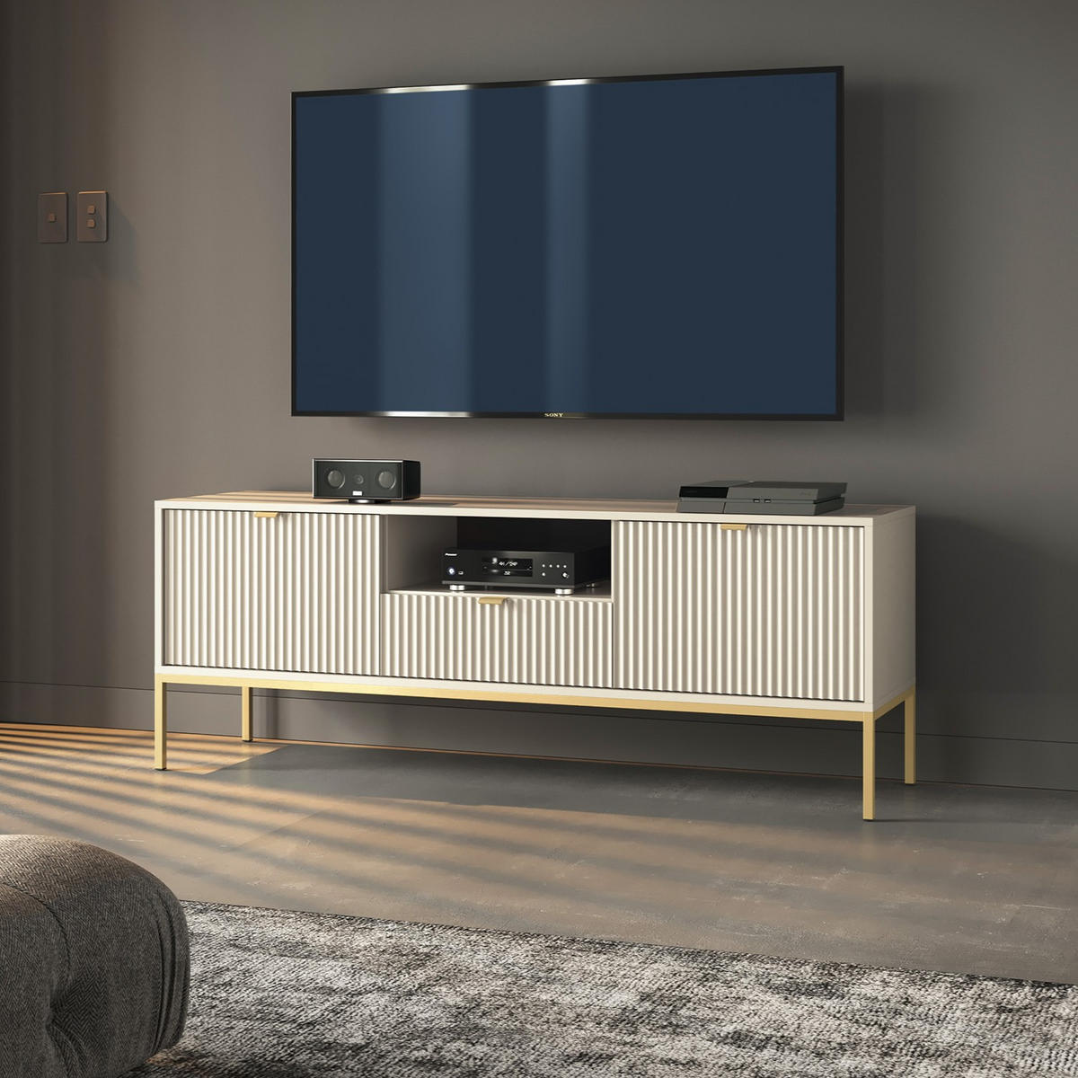 MODERNES Geriffeltes TV-Board KIOTO RTV2D1SZ (Kaschmir, Gold Gestell, Soft-Close Türen) - Kaschmir/Goldfarben, Holz/Holzwerkstoff (154/56/39cm) - Ravio