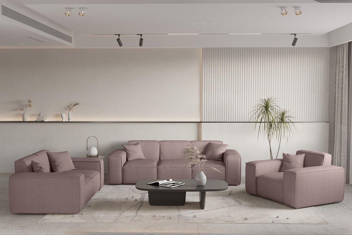 SOFASET Celes Premium 3-2-1 Stoff Scala - Lila, Holzwerkstoff/Textil (225/73/88cm) - Fun Möbel