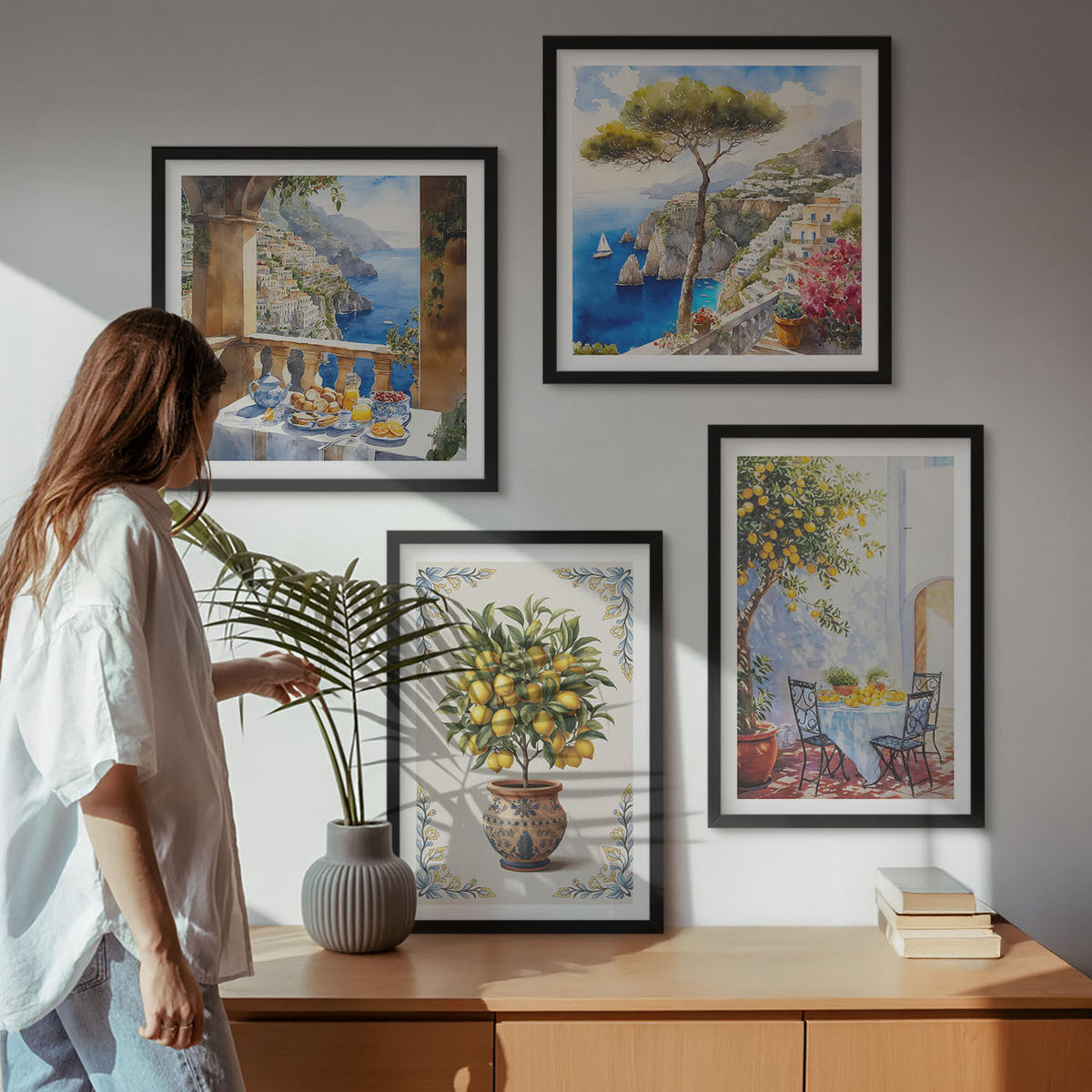 BILDER SET 4er Set - 50x50 cm & 40x60 cm Schwarzer Rahmen - Tisch aus Zitronenbaum - Schwarz, Kunststoff (50/50cm) - TULUP