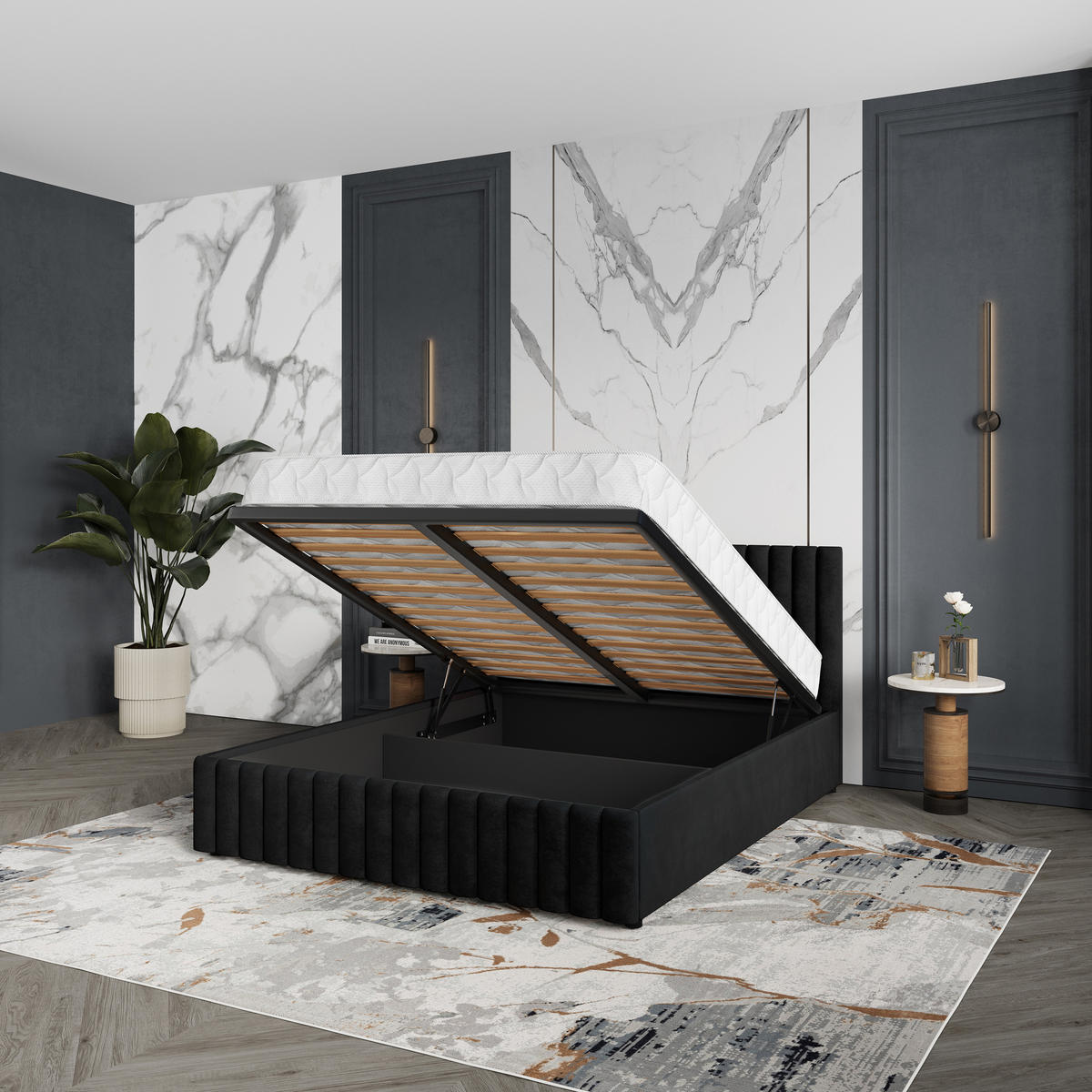 POLSTERBETT CARMIA 160x200 cm mit Bettkästen - Schwarz - Schwarz, Holz (172/200cm) - MASSENO