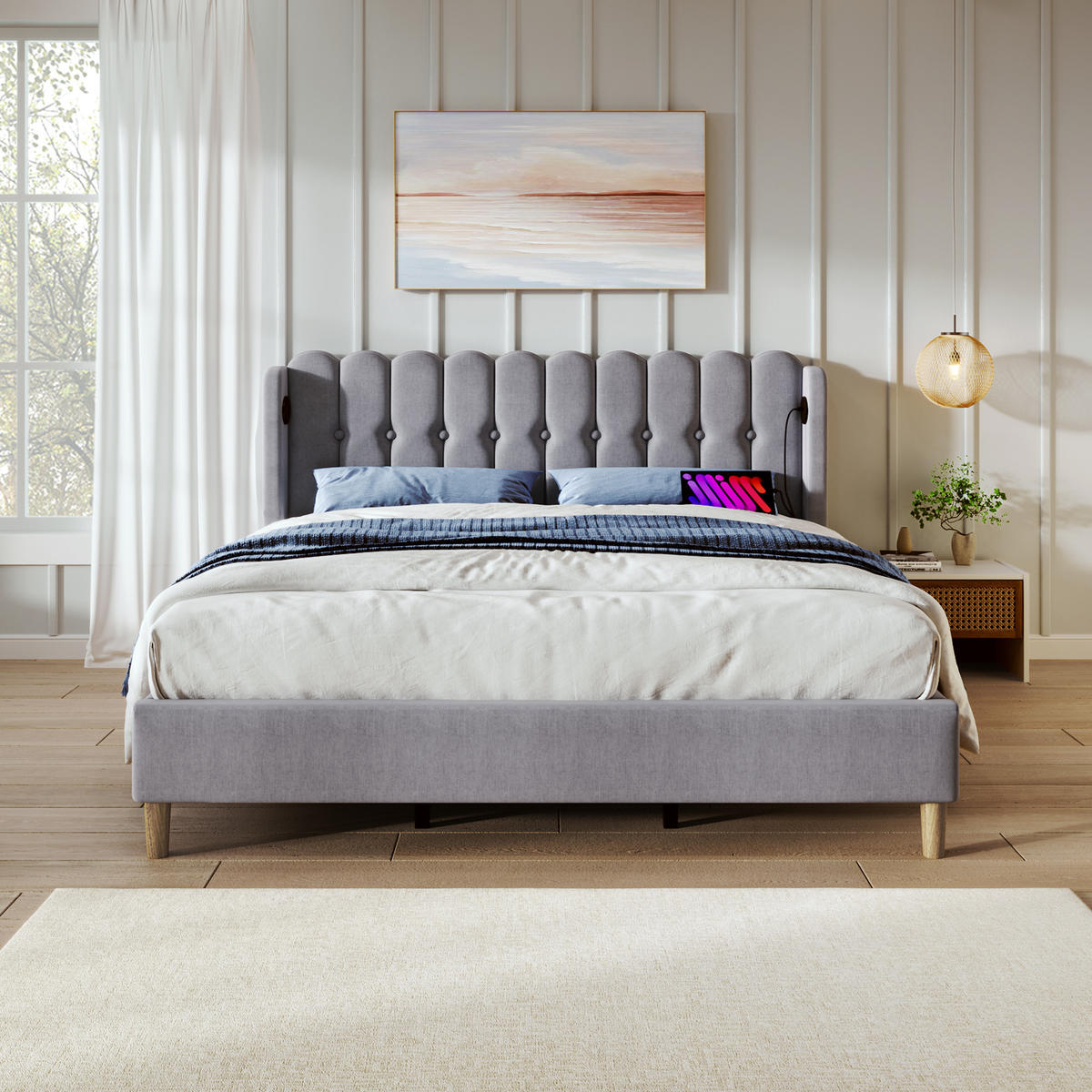 POLSTERBETT 160/200 cm in Grau Leinen mit USB Typ C Ladefunktion - Grau, Holz/Textil (160/200cm) - KOMHTOM