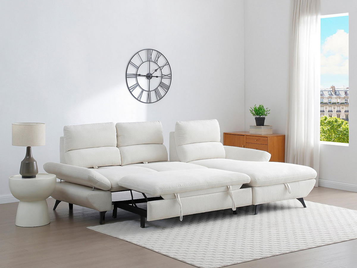 ECKSOFA Ecke rechts zum Ausklappen mit vor- und zurückklappbarer Rückenlehne aus Cordvelours Beige - LIORI - Beige, Textil (282/196cm) - Vente-Unique
