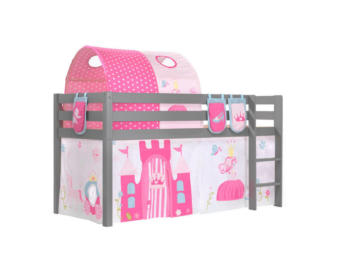 KINDERBETT Karolina 210x114x106 Massivholz Grau Textilset Princess 4 - Magenta/Grau, Holz (90/200cm) - 58aufmkessel