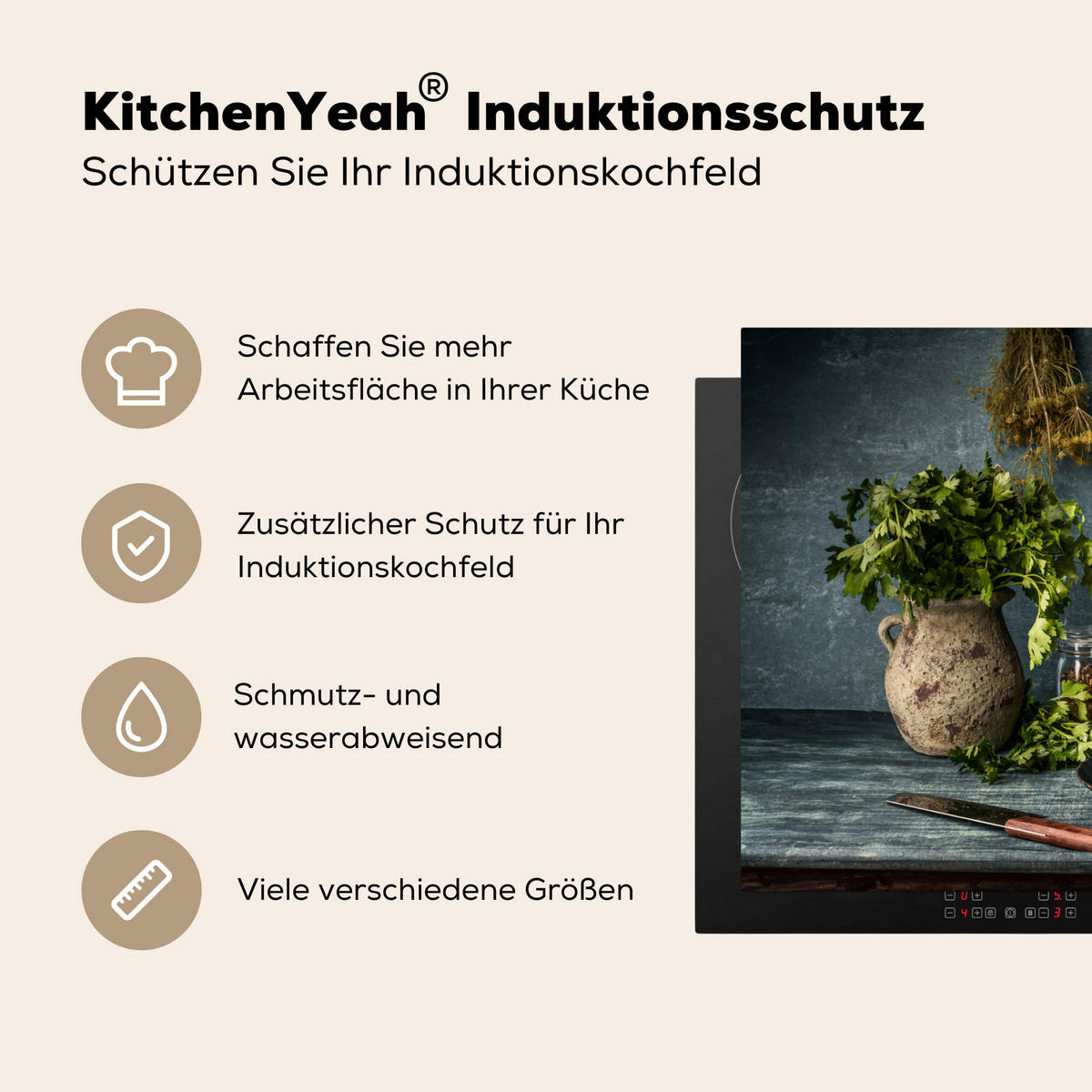 HERDABDECKPLATTE Kräuter - Gewürze - Pfanne - Messer - Grau - Rustikal Induktionsmatte 83x51 cm - Petrol, Kunststoff (83/51.5/0.2cm) - MuchoWow