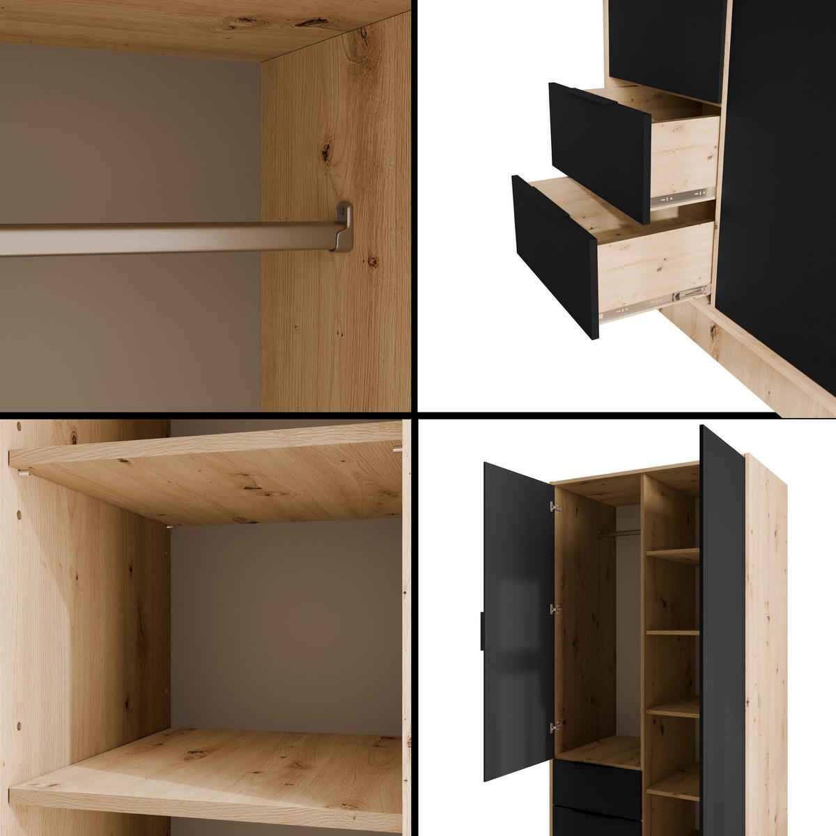 KLEIDERSCHRANK mit Flügeltüren KOLIN 100x200cm Artisan / Schwarz - Schwarz/Eiche Artisan, Holzwerkstoff (102/200/51cm) - ALTDECOR