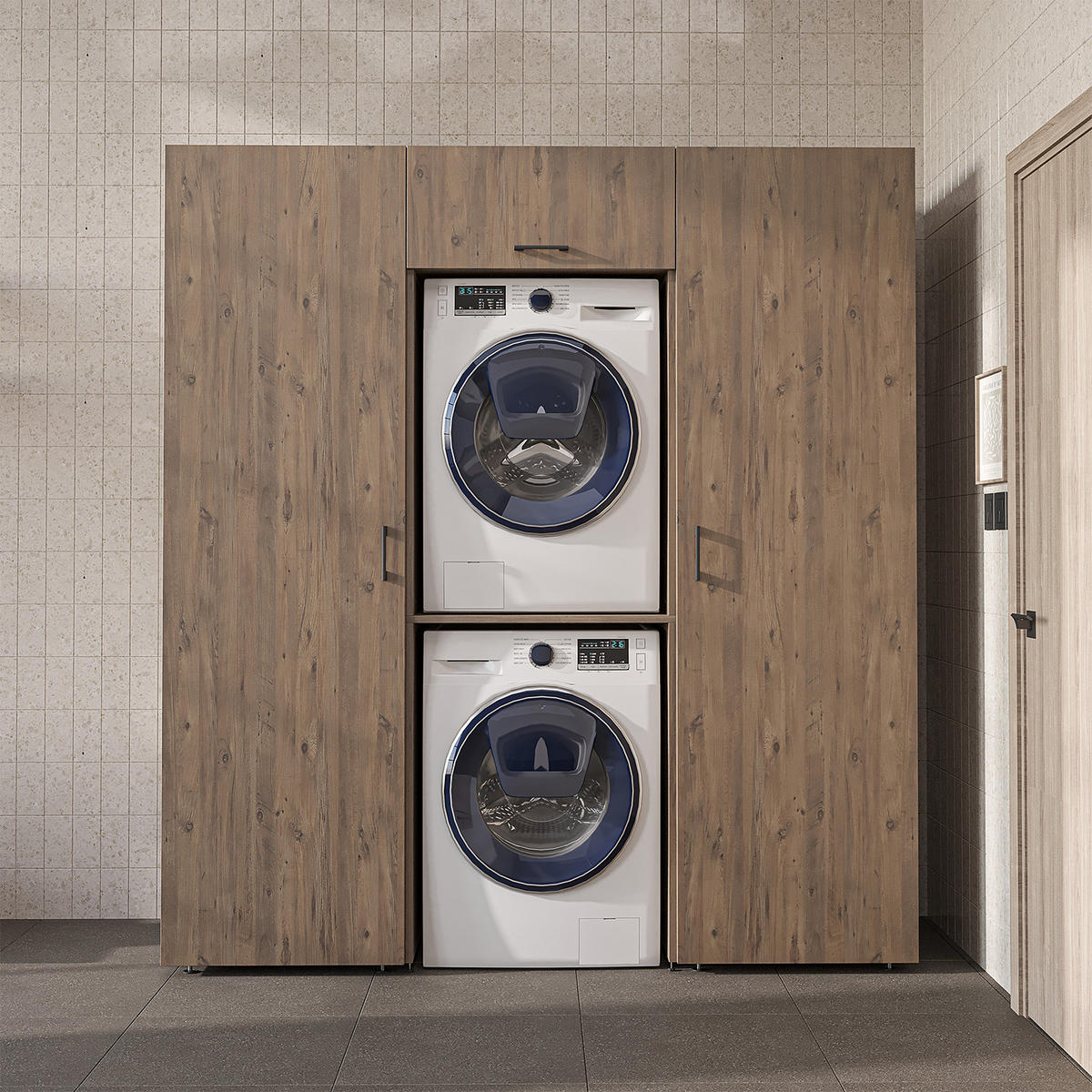 WASCHMASCHINENSCHRANK DUO-II 187cm Breit, 205cm Hoch - Eichefarben, Holzwerkstoff (187/205/67cm)