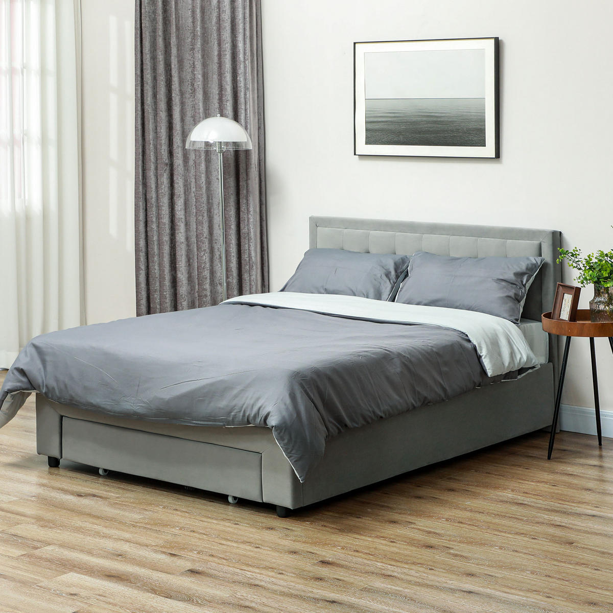 BETT 140x200 cm DE-14569 mit Stauraum & verstellbarem Kopfteil Grau - Hellgrau, Holzwerkstoff (140/200cm) - ComfortXL
