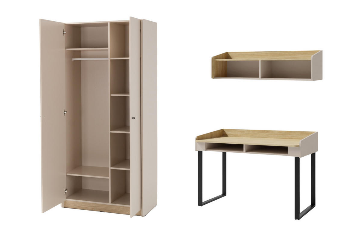 JUGENDZIMMER ALBI A 3-teilig in Sandbeige / Geölte Eiche - Eichefarben/Beige, Holzwerkstoff (215/195/65cm) - Deine Möbel 24