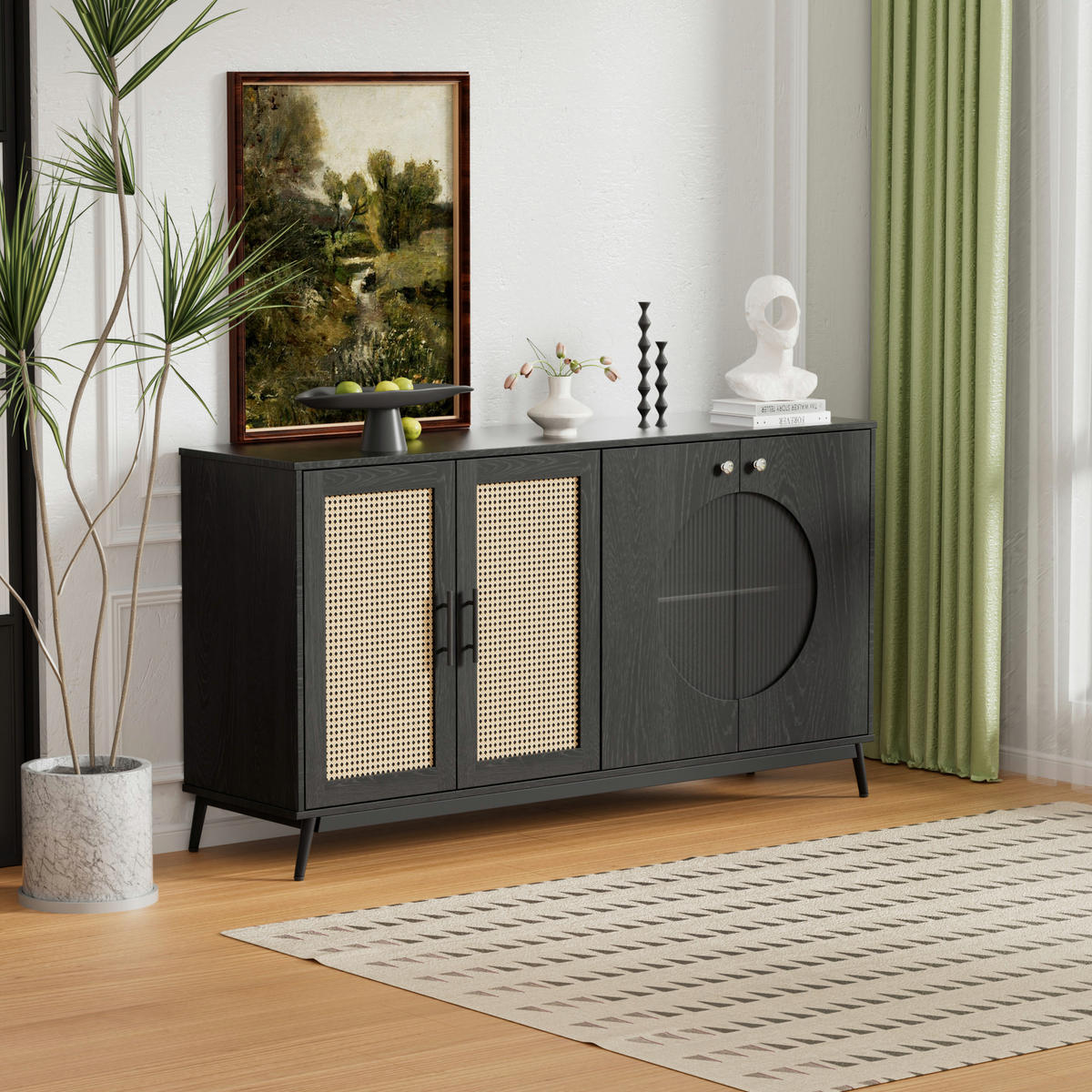 SIDEBOARD mit Rattan-Elementen und Schiebetüren, 150/40/80 cm - Schwarz, Holzwerkstoff (150/80/40cm) - Urban Meuble