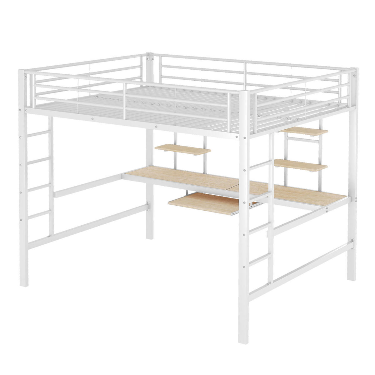HOCHBETT aus Metall 140x200 cm Weiß mit Schreibtisch, 2 Regalen und Leiter - Weiß, Metall (140/200cm) - Modfu