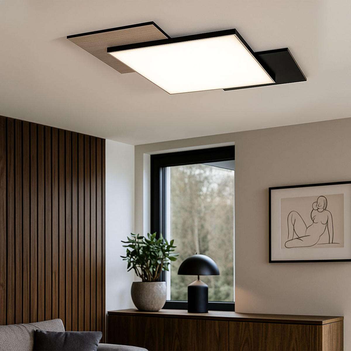 LED DECKENLEUCHTE Holzoptik Schwarz - Schwarz, Metall (43/43/6cm)