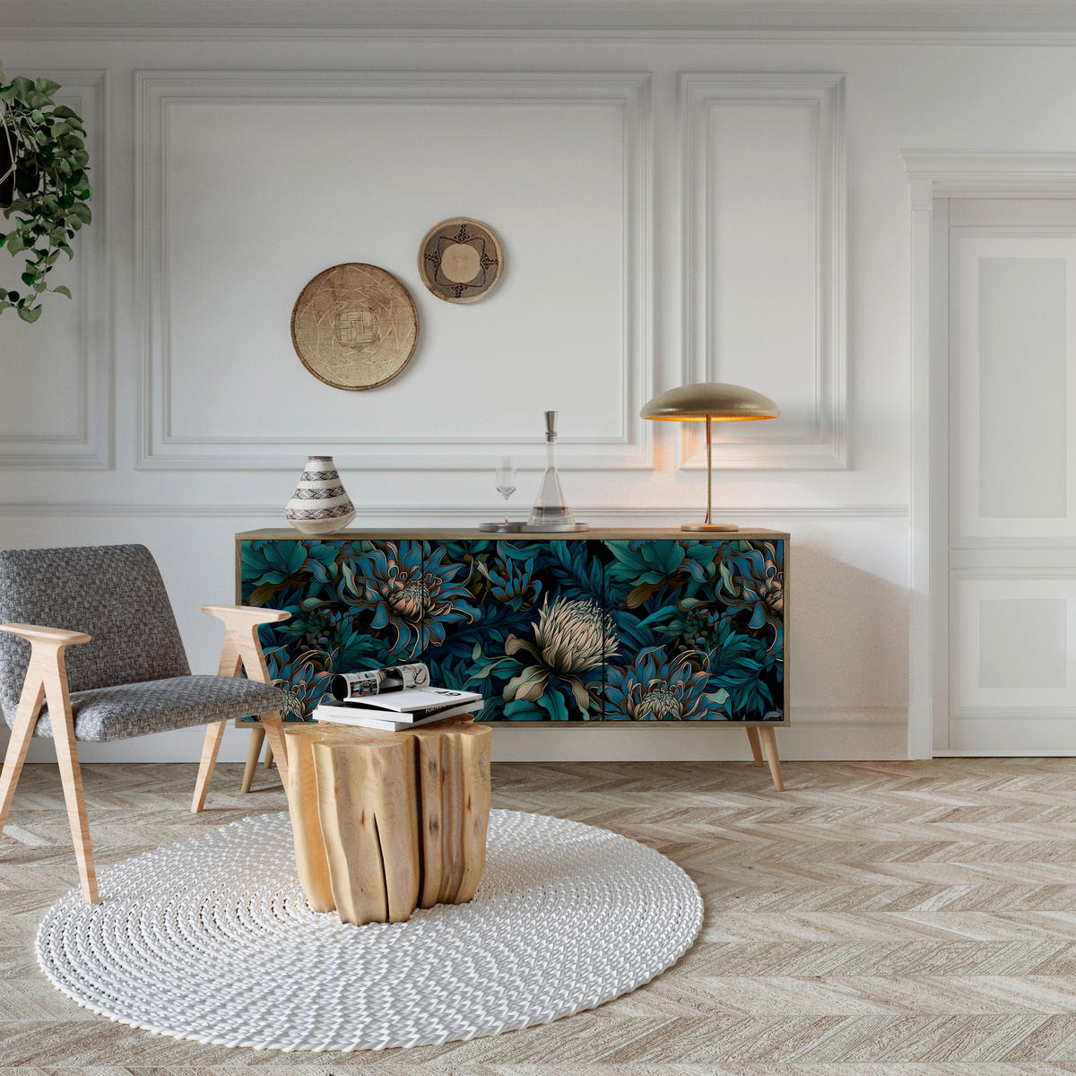 SIDEBOARD TWILIGHT BLOOM, Eicheneffekt, 164,5x42x77,5 cm, 3 Türen - Eichefarben/Buchefarben, Holzwerkstoff/Buchenholz (164.5/77.5/42cm) - SpaceRebels