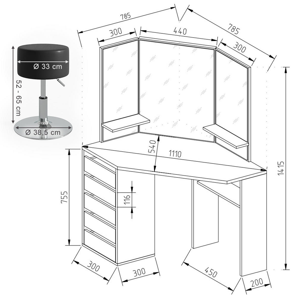 ECKSCHMINKTISCH Arielle Schwarz 110 cm mit Hocker - Schwarz, Holzwerkstoff (110/141.5/54cm) - Vicco