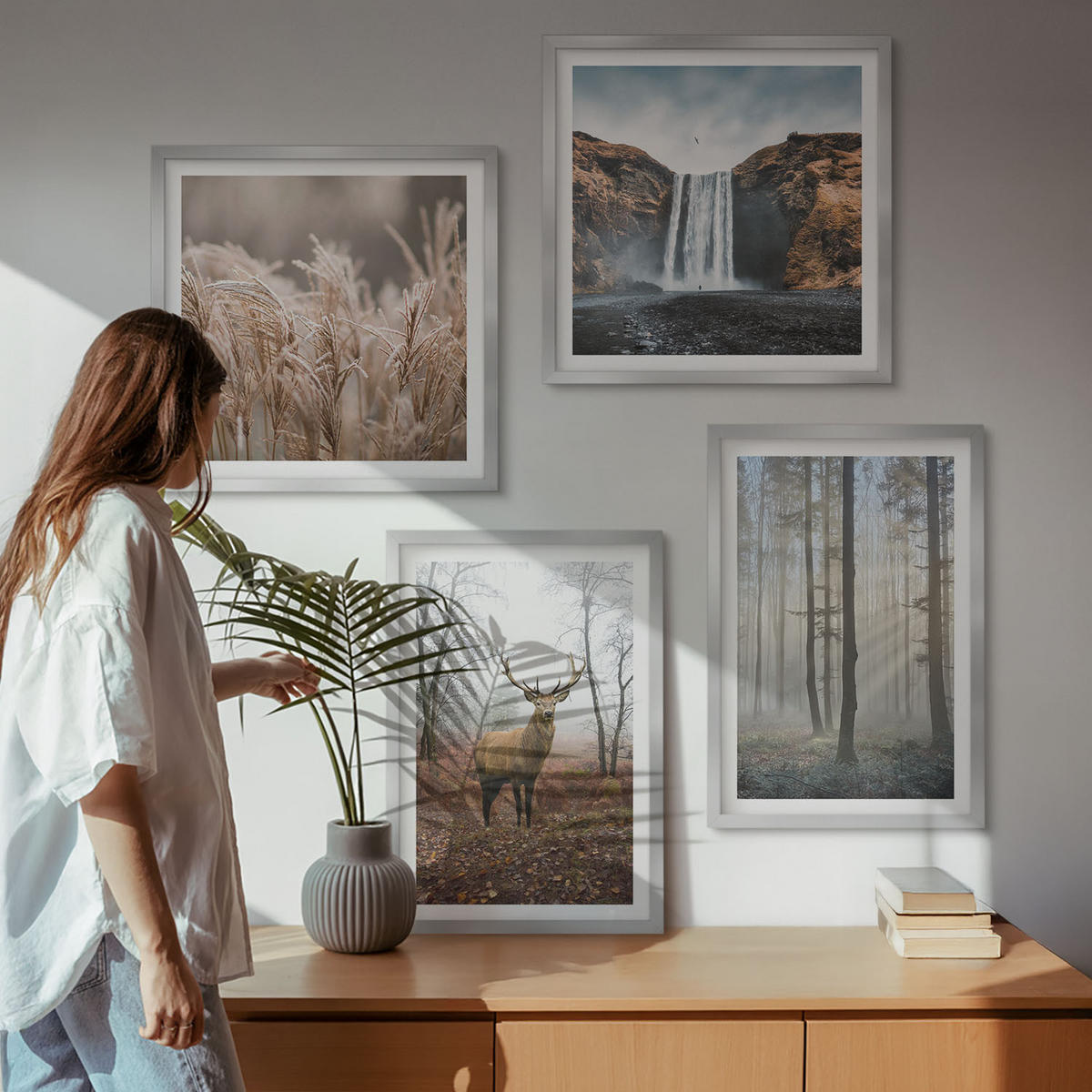 WANDBILDER 4er Set - 50x50 cm & 40x60 cm Silberner Rahmen - Waldlandschaften der Wildnis - Silberfarben, Kunststoff (50/50cm) - ArtPrintCave