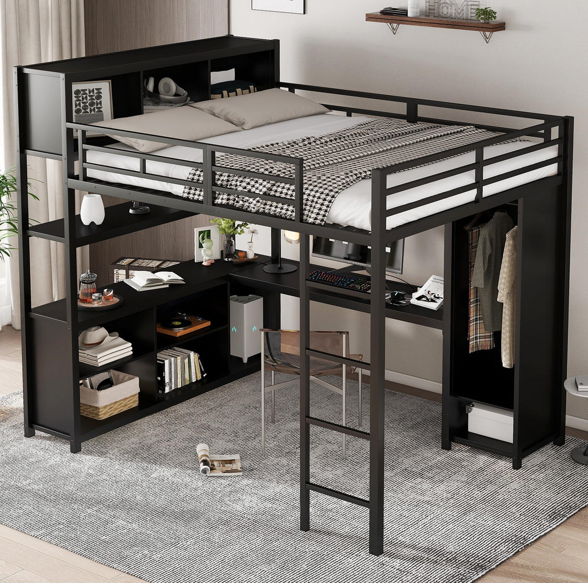 HOCHBETT mit Schreibtisch 140/200 cm in Schwarz – mit Kleiderschrank und Stauraum - Schwarz, Metall (90/200cm) - BEAOK