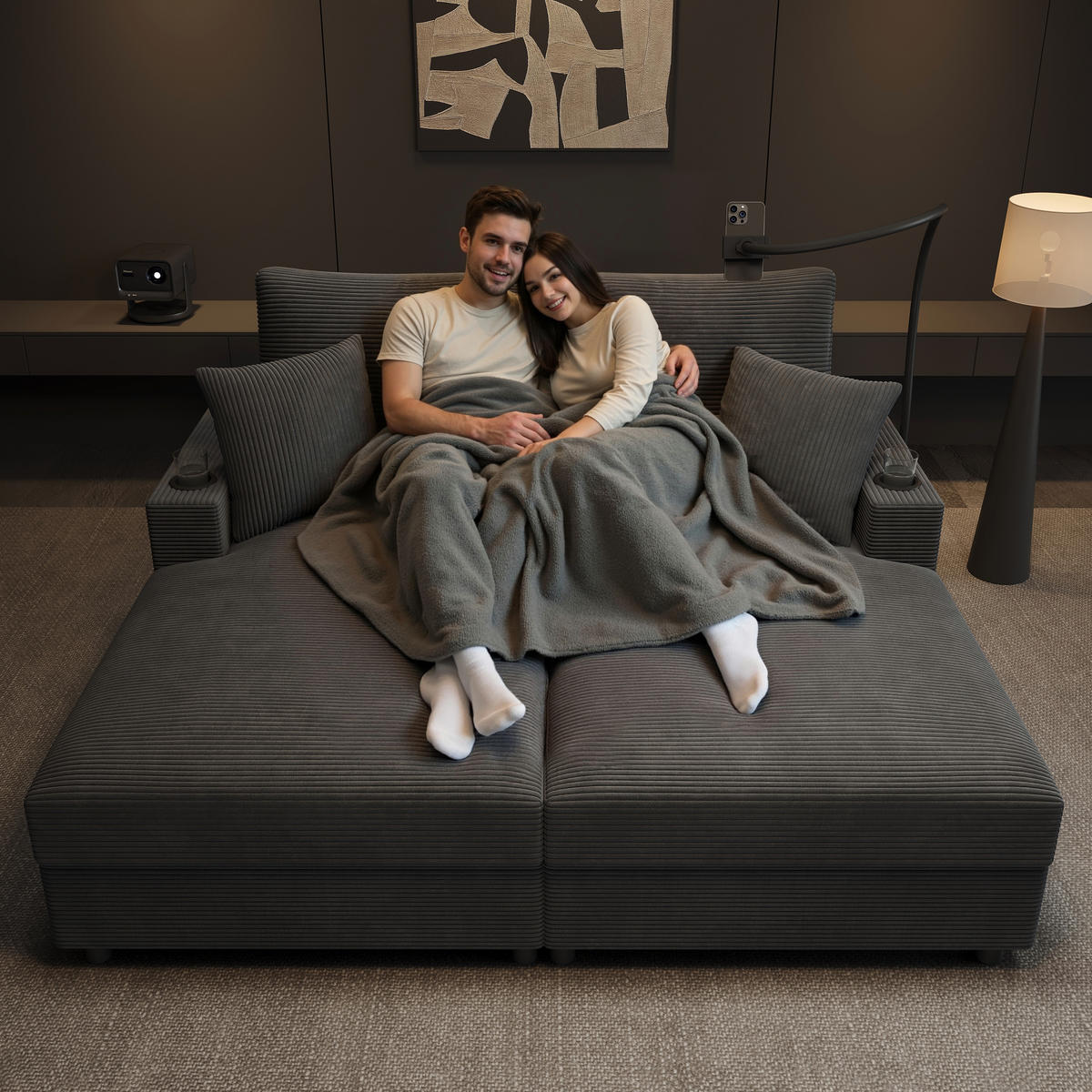 SCHLAFSOFA 2-SITZER Cord Grau mit USB, USB-C, Handyhalterung und Getränkehaltern - Grau, Holzwerkstoff/Kunststoff (163/82/140cm) - WISHDOR
