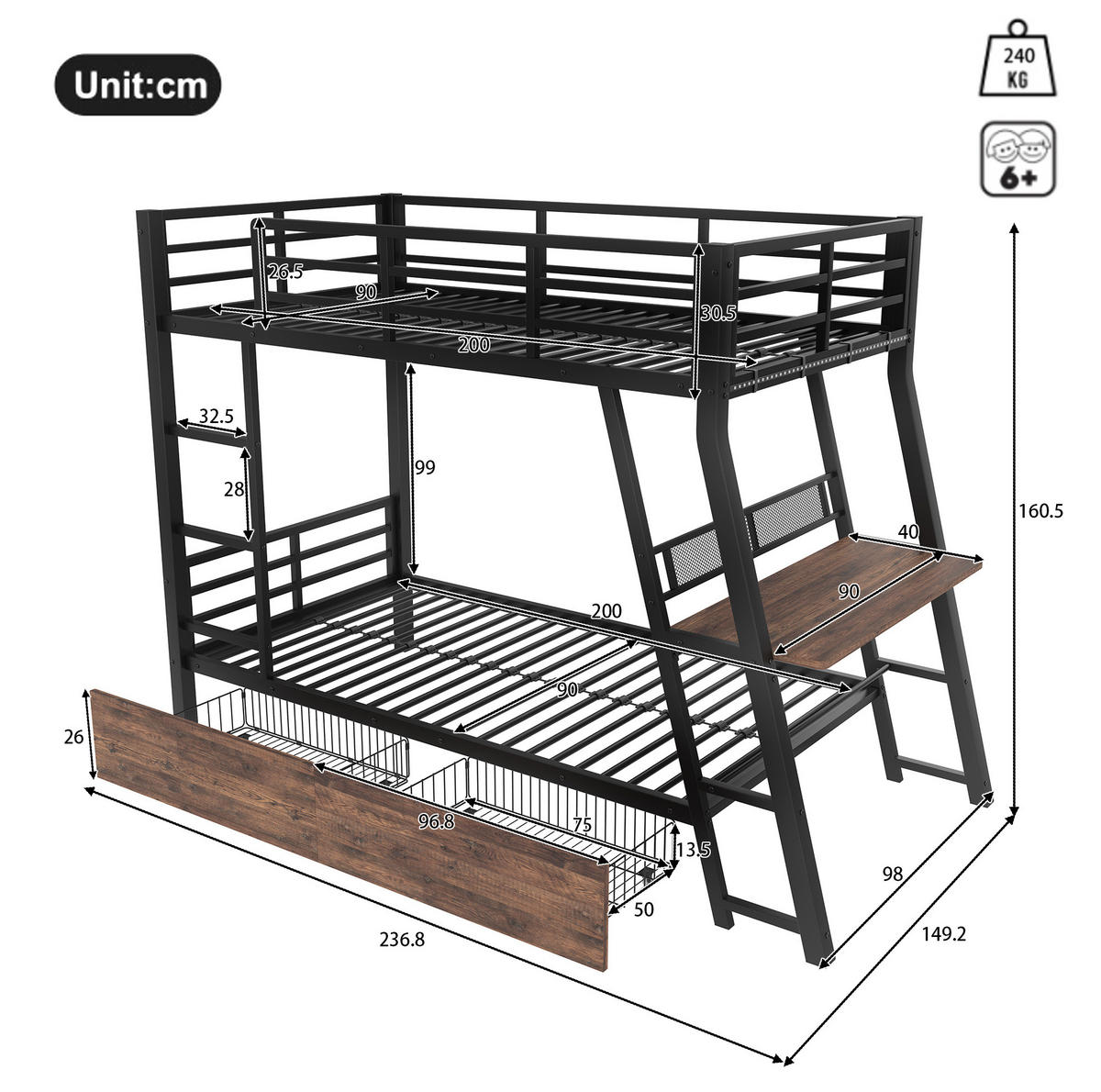 HOCHBETT 90/200 cm aus Metall mit LED-Leiste, Schreibtisch, Schwarz - Schwarz, Metall (90/200cm) - OKMYHOME