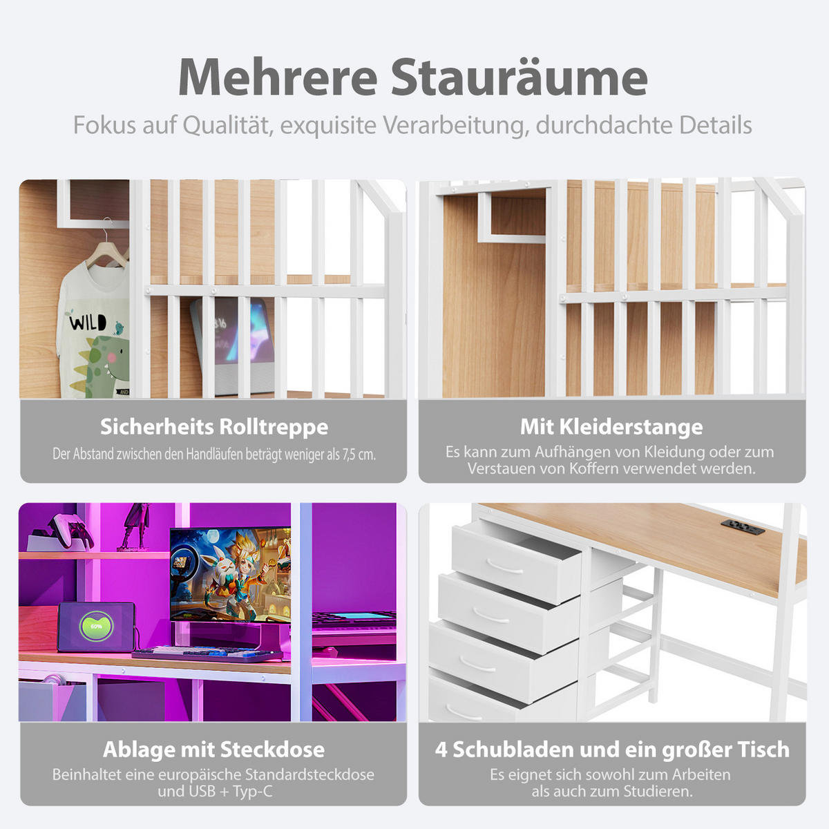 HOCHBETT 90/200 cm mit Schreibtisch, Ablagefächern, Kleiderstange, LED-Beleuchtung und Steckdose, Weiß - Weiß, Metall (90/200cm) - Redom