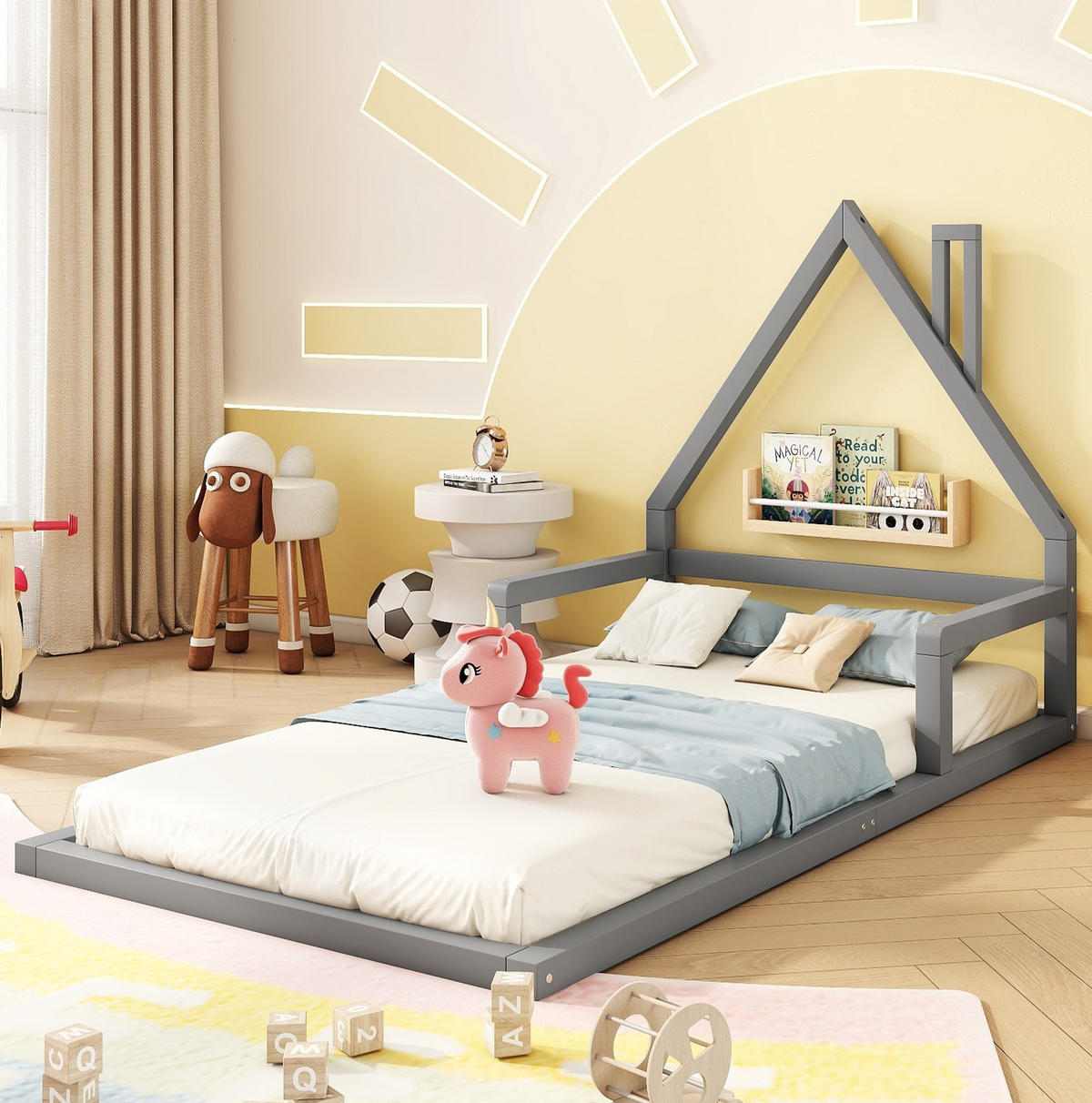 KINDERBETT Kindereinzelbetten 90/200 cm in Hausform aus Kiefer und MDF, pflegeleicht und stabil, Grau - Grau, Holzwerkstoff (90/200cm) - Redom