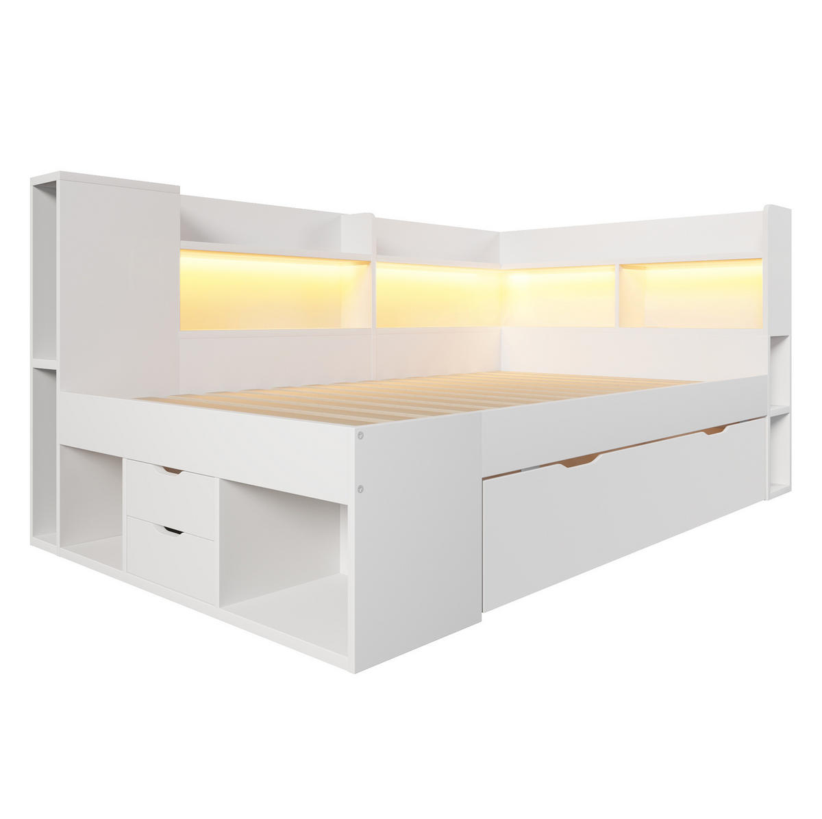 DENNÁ posteľ 90/200 cm biela z dreva s LED osvetlením USB a Typ-C nabíjaním a úložným priestorom - biela, kompozitné drevo (90/200cm) - OKWISH