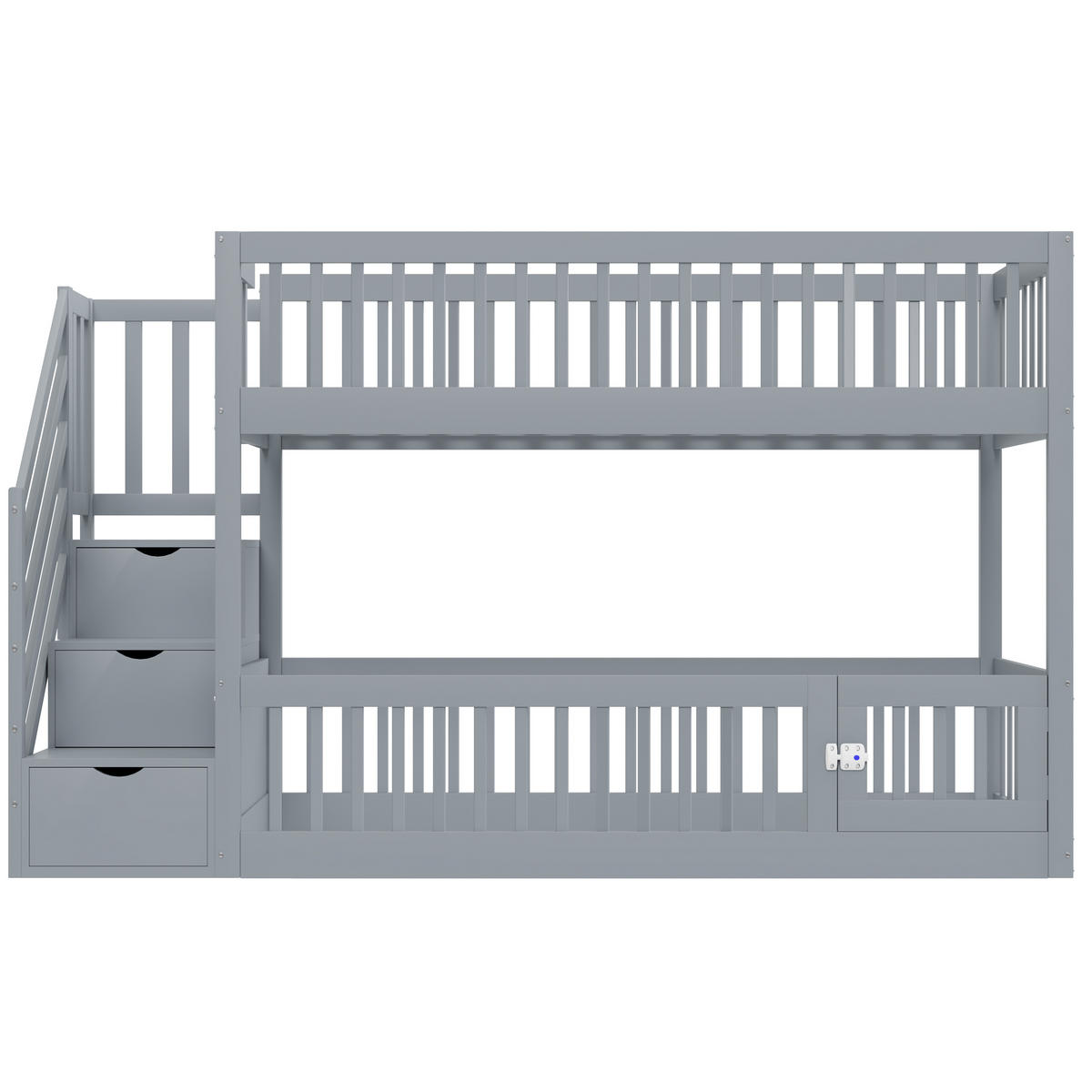 ETAGENBETT 90/200 cm & 90/200 cm in Grau Kinderbett mit Stauraumtreppe, Schubladen und Tür Massivholz-Design - Grau, Holz (90/200cm) - STILVORA