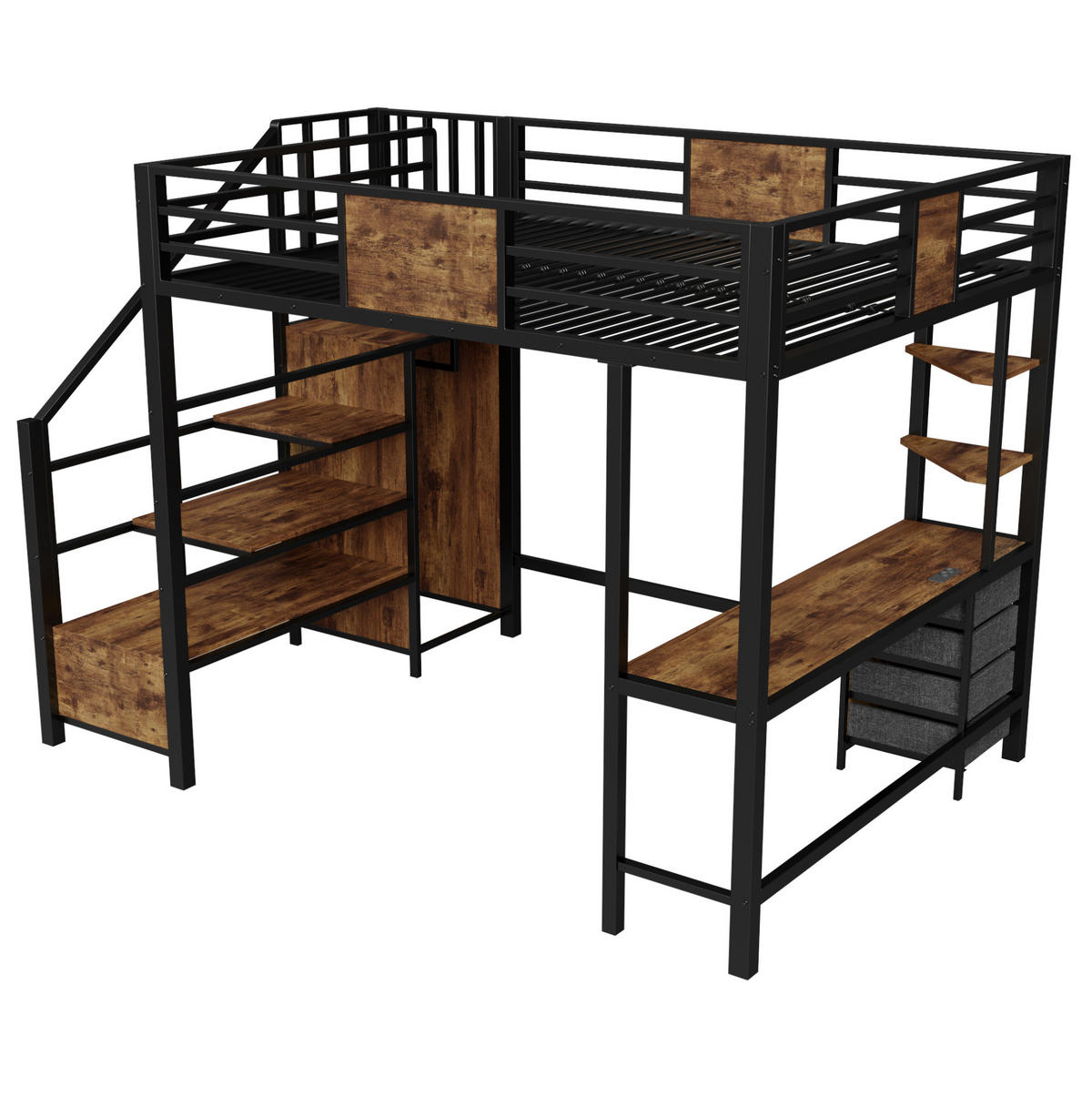 HOCHBETT 140/200 cm mit Schreibtisch, LED und Steckdose - Schwarz, Metall (140/200cm) - MIVRAY