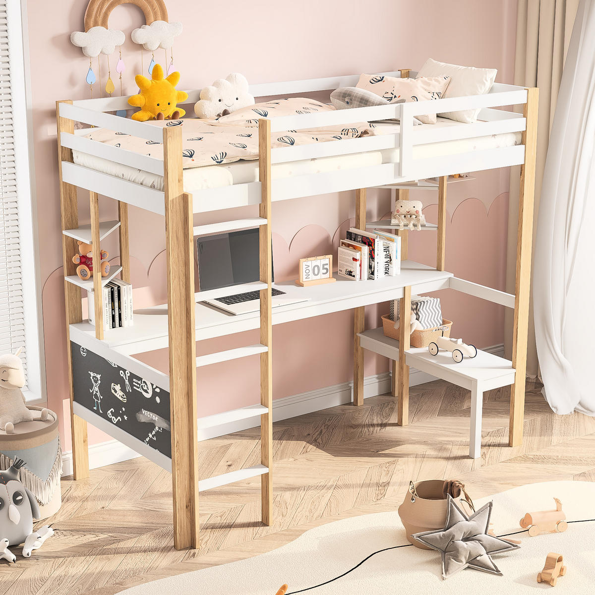 ETAGENBETT 90x200 Weiß mit Treppe - Weiß, Metall (90/200cm) - SHOPENTRA