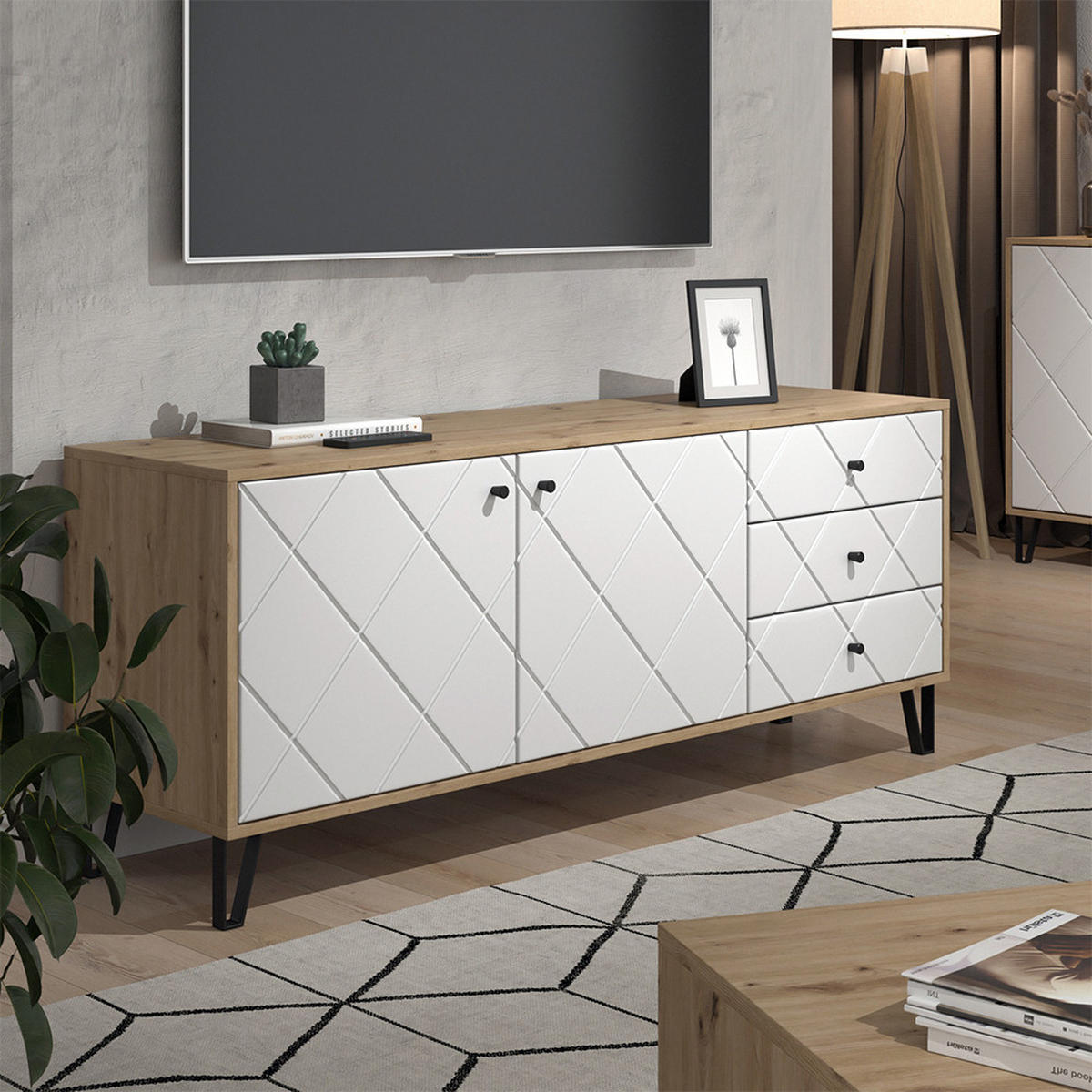 NÍZKÝ NÁBYTEK POD TELEVIZI Nizza Artisan/White - bílá/dub artisan, kompozitní dřevo (150.2/60.2/40.1cm) - Vicco