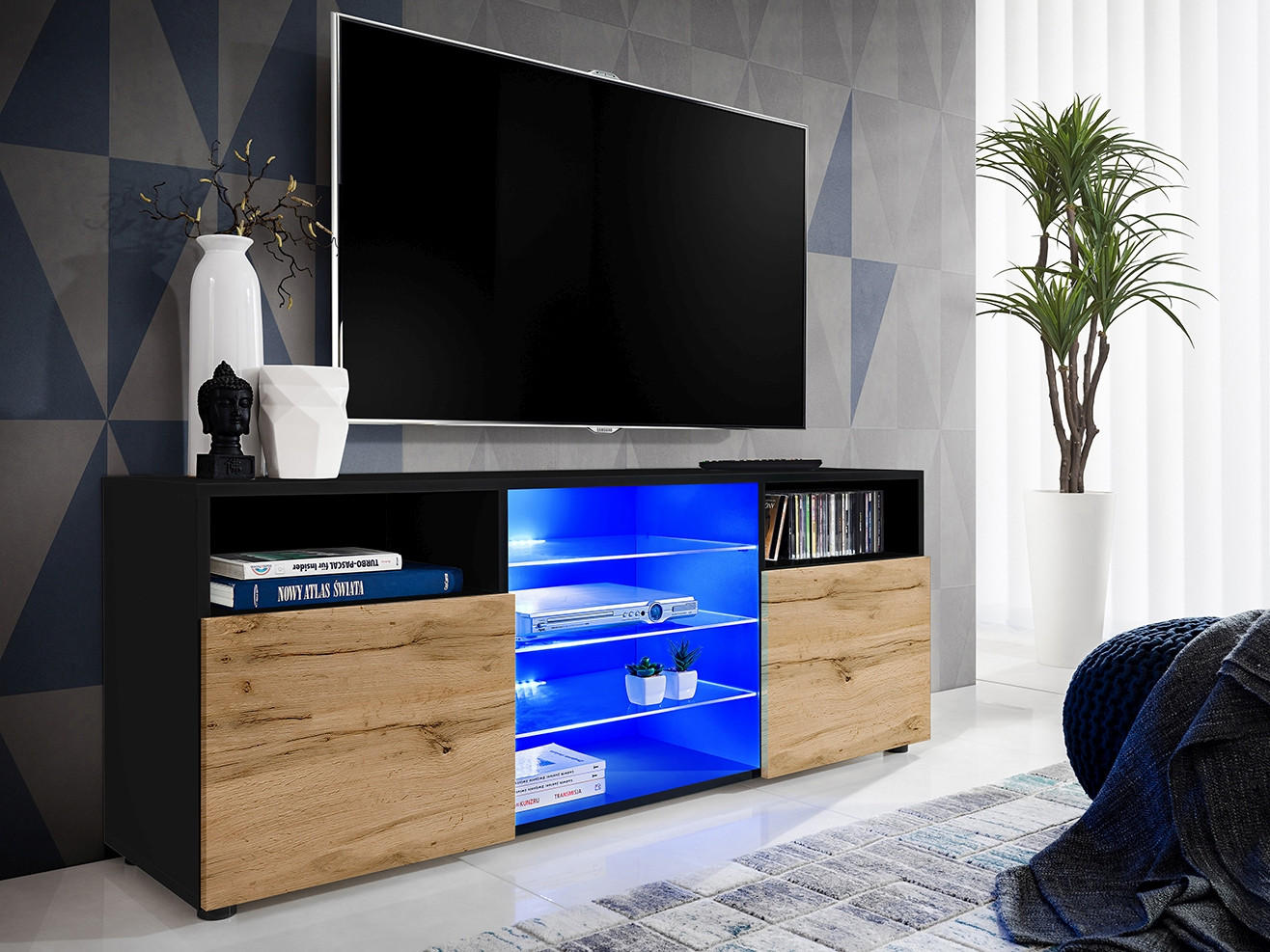 SIDEBOARD TV URBINO Black, Blau LED Beleuchtung - Eiche Wotan/Schwarz, Glas/Holzwerkstoff (140/53/35cm) - Komodee