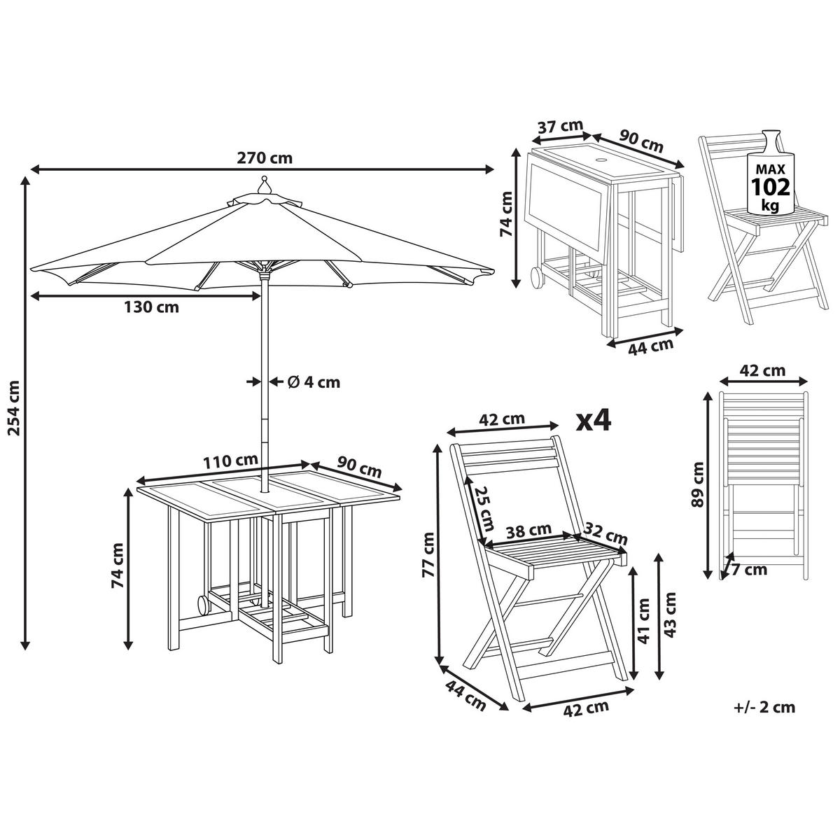 GARTENMÖBEL SET 4-Sitzer Akazienholz mit Sonnenschirm hellbraun Frassine - Hellbraun, Holz - Beliani