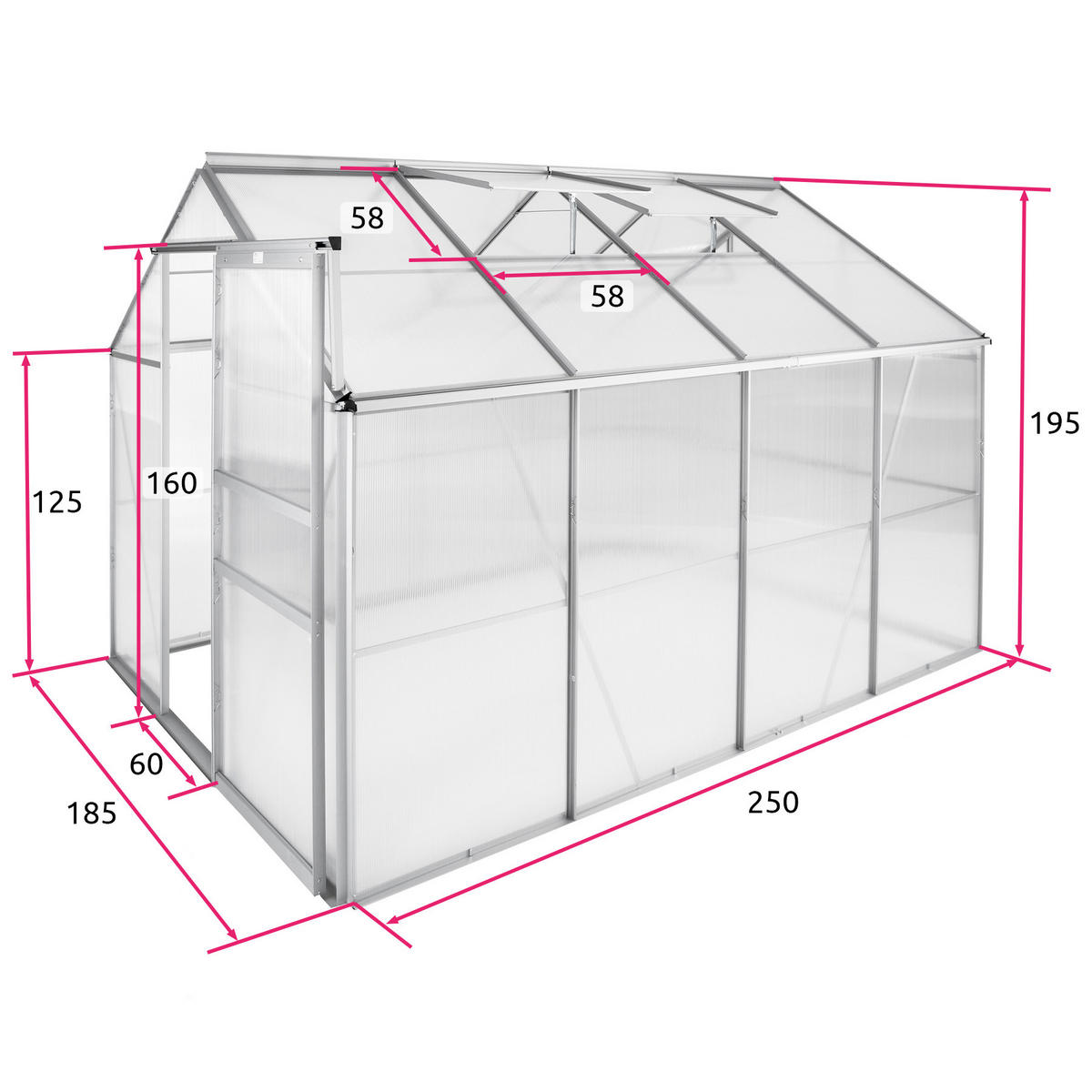 GEWÄCHSHAUS, 185 x 250 x 195 cm,transparent - Transparent, Metall (185/195/250cm) - tectake