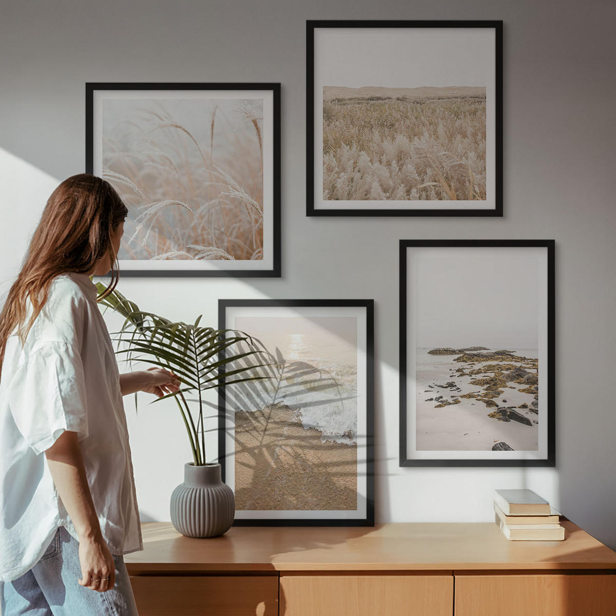 WANDBILDER 4er-Set - 50x50 cm & 40x60 cm Schwarzer Rahmen - Strandwellen, Steine, Sommer - Schwarz, Kunststoff (50/50cm) - ArtPrintCave
