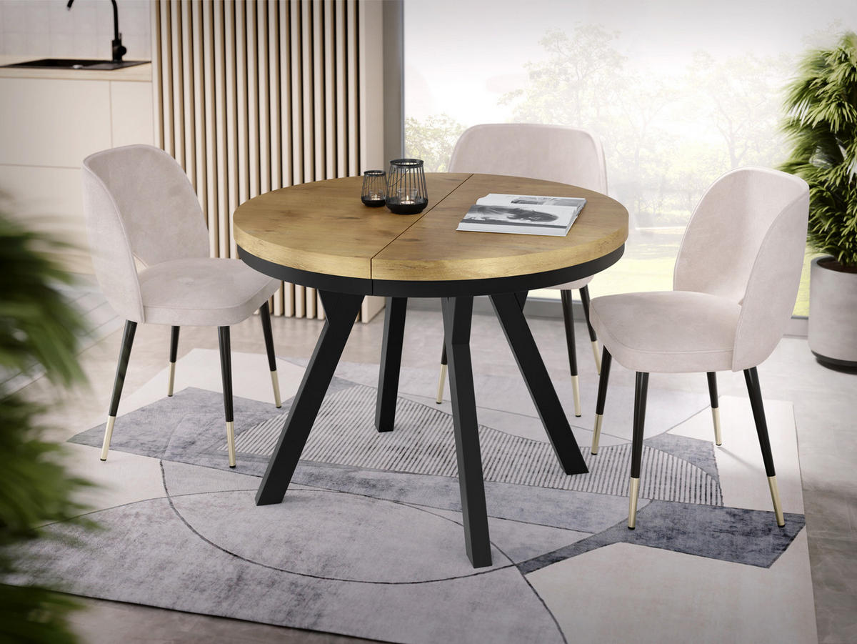 ESSTISCH Lume runder ausziehbarer, Lancelot Eiche 90-170/90/76 cm - Eichefarben/Schwarz, Holz/Holzwerkstoff (90/170/76cm) - WFL GROUP