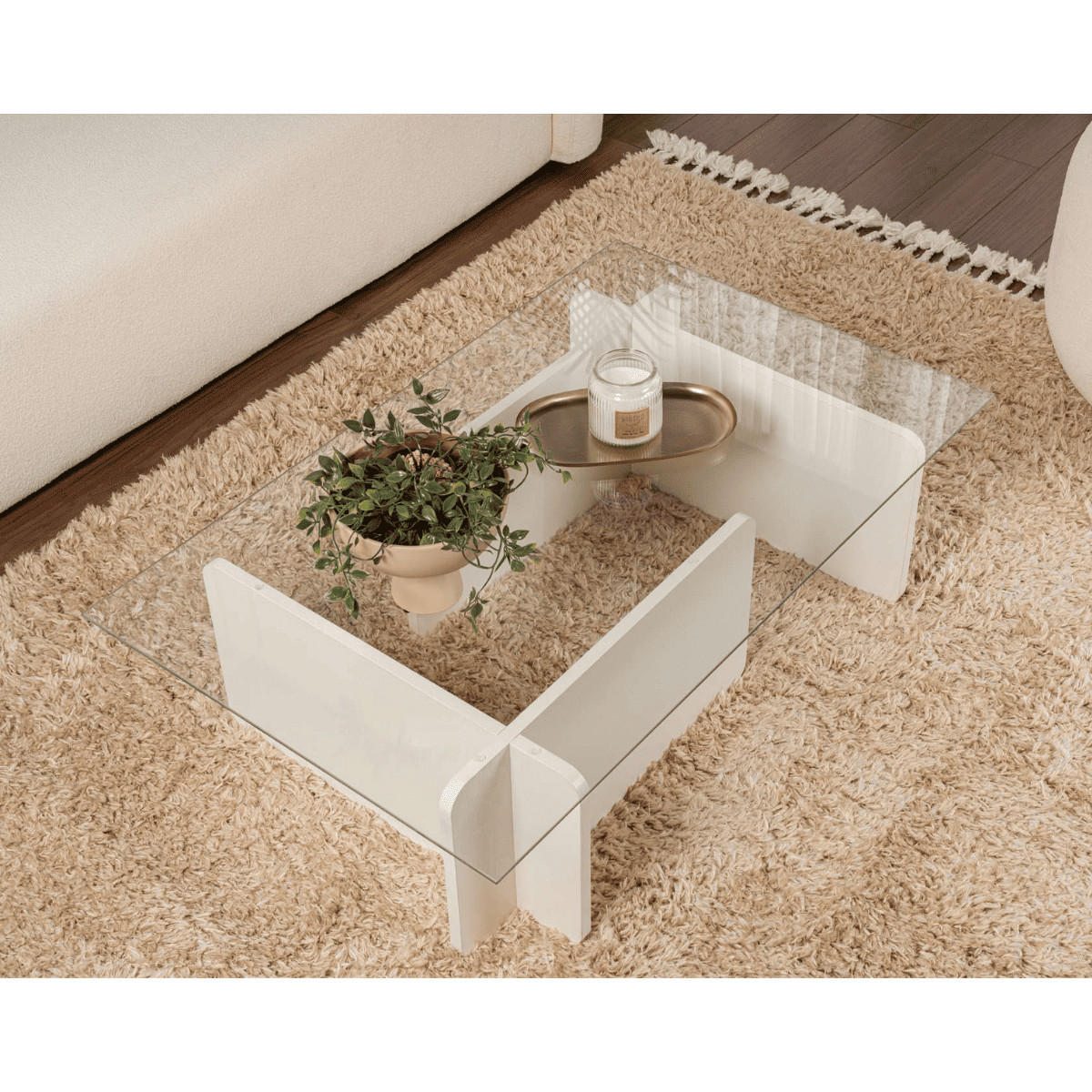 COUCHTISCH mit Tischplatte aus gehärtetem Glas 105/65/30 cm - Eiche Bianco, Holzwerkstoff (110/65/30cm) - Calicosy