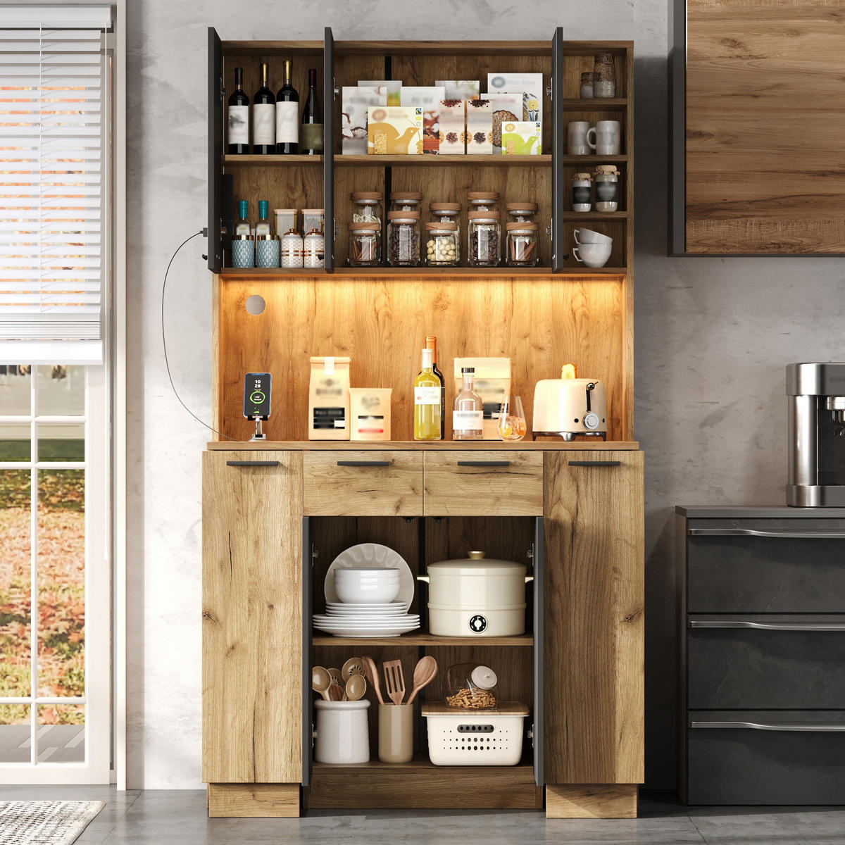 BUFFET DE-38704 100/40/180 cm LED-Beleuchtung und Steckdose Natur - Naturfarben, Holzwerkstoff (100/180/40cm) - ComfortXL