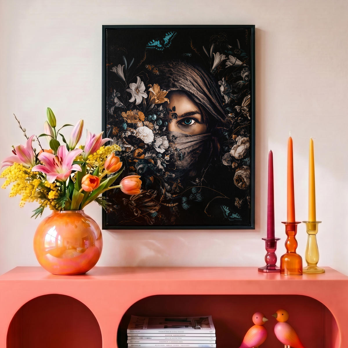 LEINWAND Bilder mit Rahmen - Frau - Luxus - Blumen - Schmetterling - Porträt - 30x40 - Schwarz, Textil (30/40cm) - MuchoWow