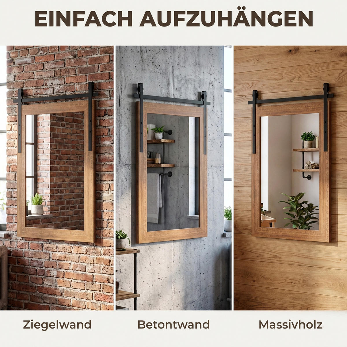 WANDSPIEGEL Gehärtetes Glas MDF Hellbraun - Hellbraun, Holzwerkstoff (2/86.5/61cm) - HOMCOM
