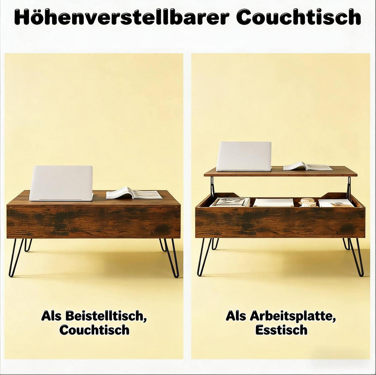 COUCHTISCH 95/50 cm höhenverstellbar mit Stauraum in Rustikal Braun - Braun, Holzwerkstoff (95/50/55.5cm) - Flora Grace