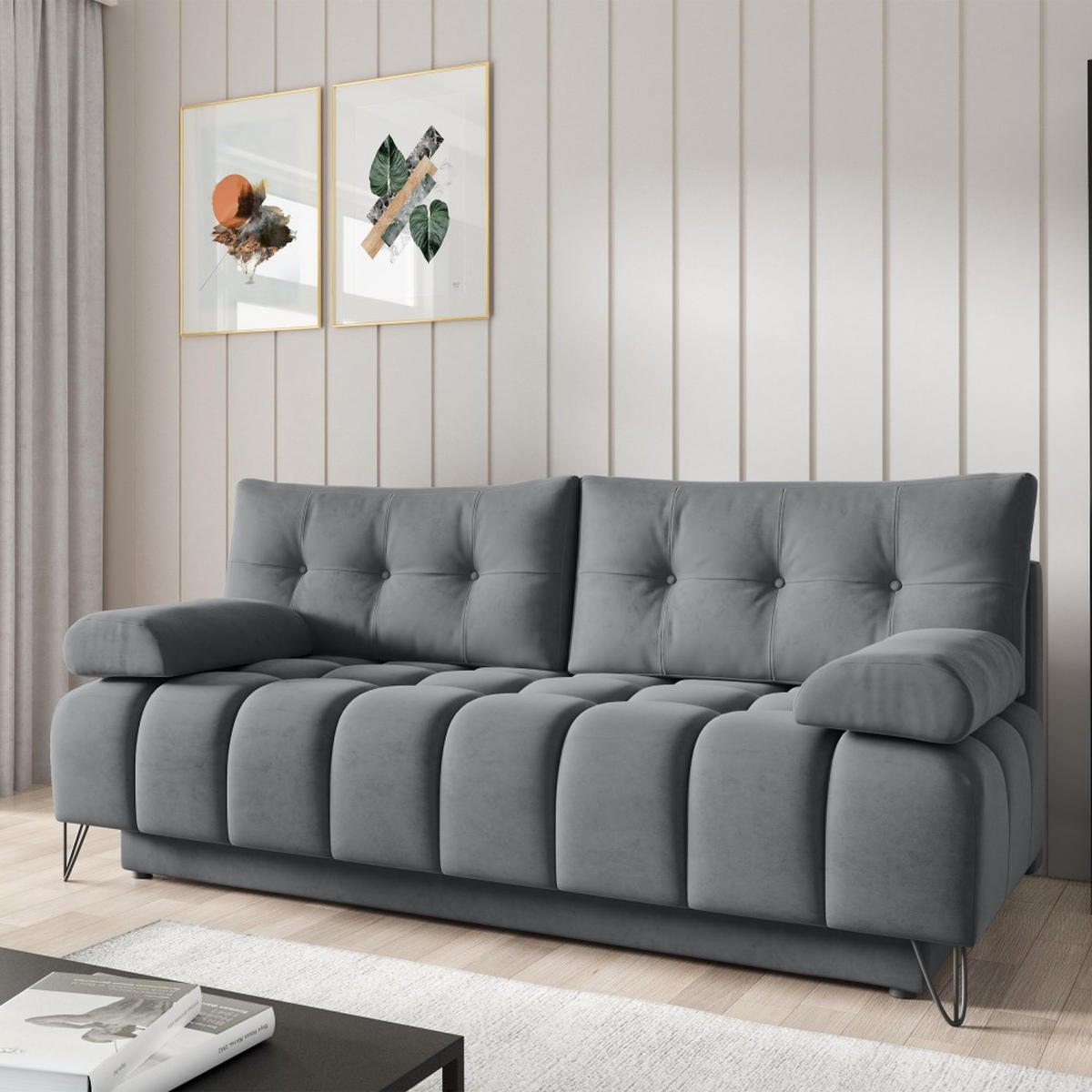 SCHLAFSOFA Bergen im Veloursstoff, Hellgrau - Hellgrau/Schwarz, Textil (197/93/100cm) - Beautysofa
