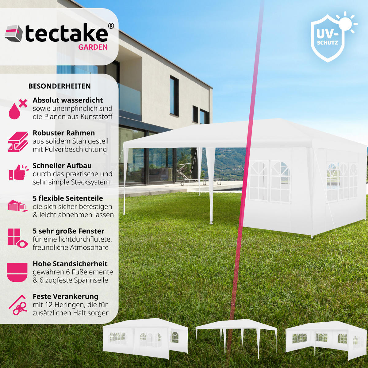PAVILLON Vivara,inklusive Spannseile und Heringe,weiß - Weiß, Kunststoff (300/250/600cm) - tectake