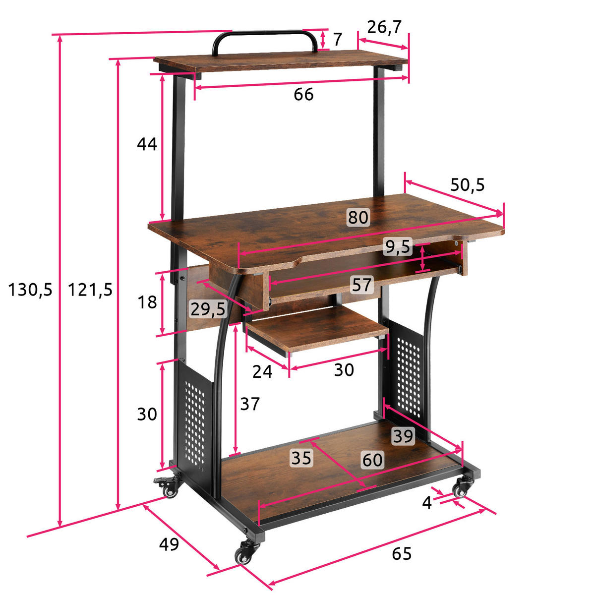SCHREIBTISCH Fife,80 x 65,5 x 130,5 cm,Industrial Holz dunkel, rustikal - Rostfarben, Holzwerkstoff (80/65.5/130.5cm) - tectake