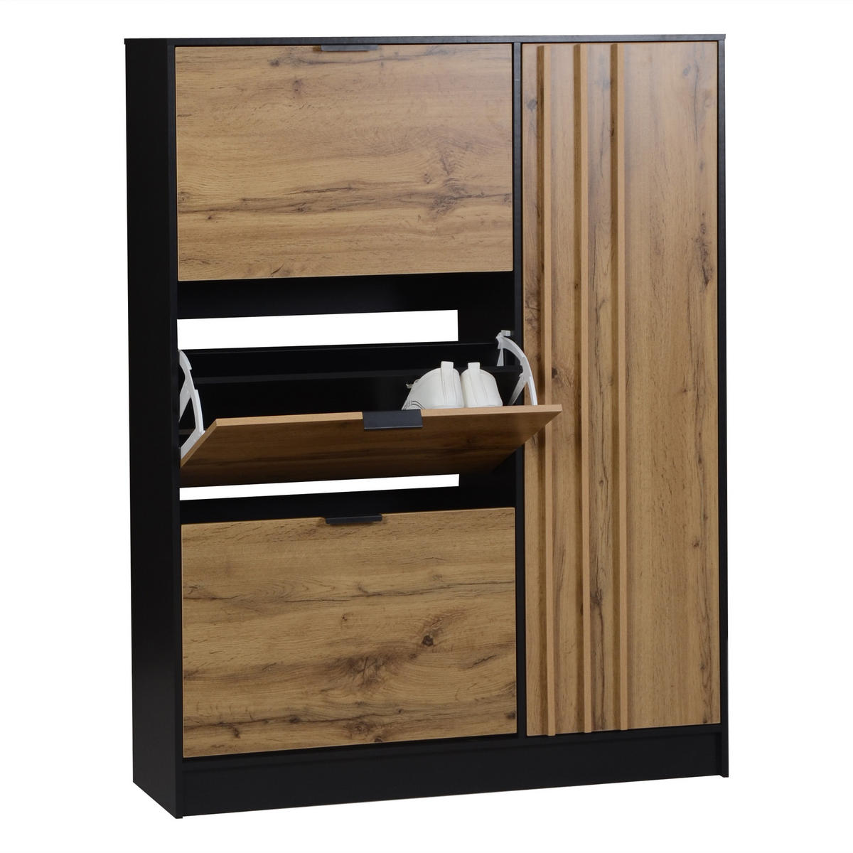 SCHUHSCHRANK 100x30x130 MDF 3 Klappfächer 1 Türfach Holz Schwarz - Naturfarben, Holzwerkstoff (100/130/30cm) - FLIEKS
