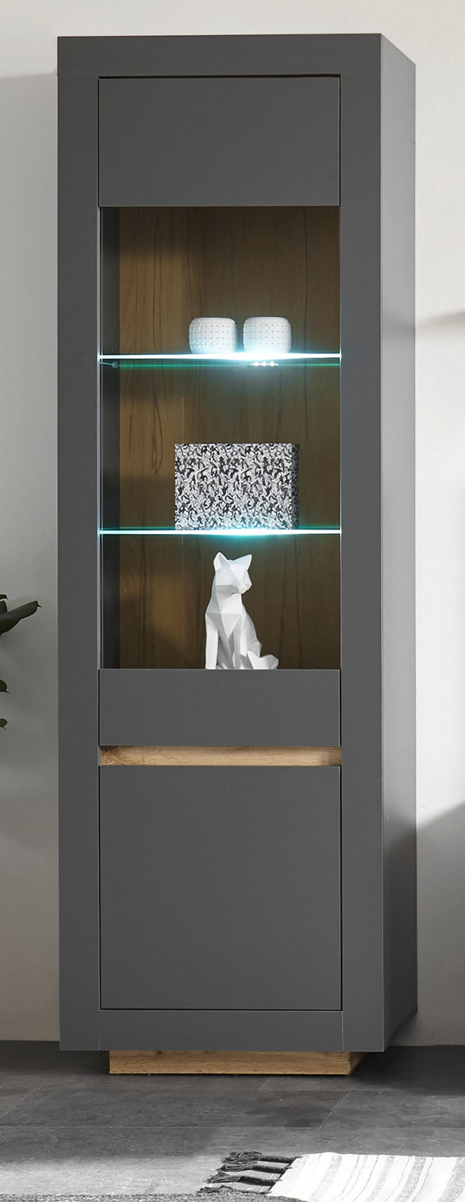 VITRINE anthrazit, Wotan Eiche, Vitrinenschrank 64 x 206 cm mit viel Stauraum - Eichefarben/Anthrazit, Glas/Holzwerkstoff (64/206/38cm) - Furn.Design