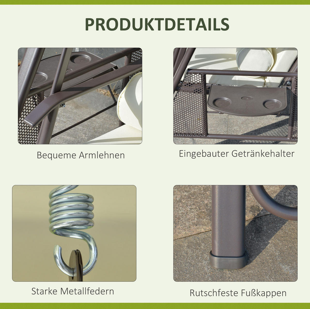 HOLLYWOODSCHAUKEL 162/118/173 cm mit verstellbarem Sonnendach, Seitenablagen und Metallgestell, Beige - Beige, Metall (118/173/162cm) - Redom