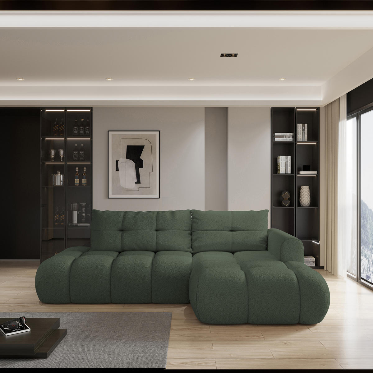 ECKSOFA FLUMA R-S Grün Boucle-Stoff mit Schlaffunktion - Grün, Holz (274/165cm) - MASSENO