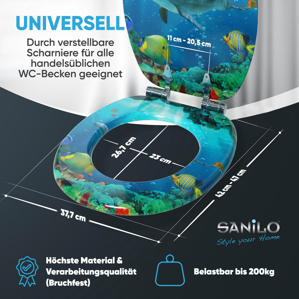 WC-SITZ Absenkautomatik Delphin Korallen - Blau, Holzwerkstoff (38/6/47cm) - Sanilo