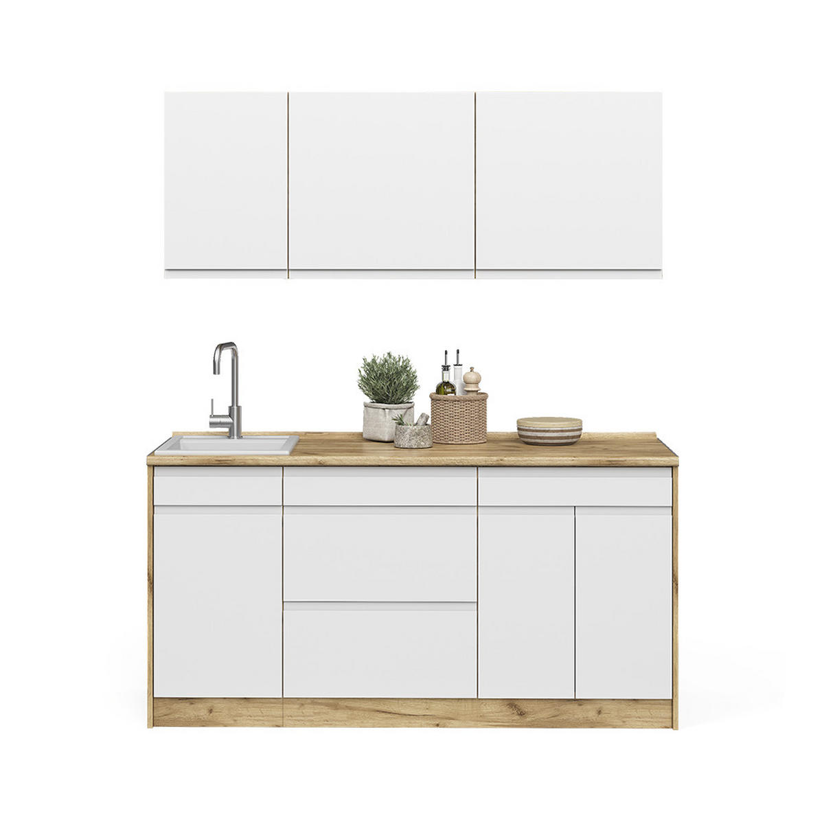 SINGLEKÜCHE R-Line, Weiß/Goldkraft Eiche, 160 cm Arbeitsplatte Platin - Eichefarben/Weiß, Holzwerkstoff (160/81.6/60cm) - Vicco