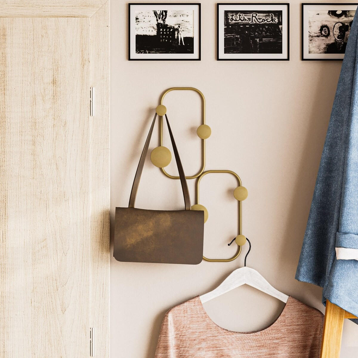 WANDGARDEROBE mit 5 Haken aus schwarzem Metall 26/5/48 cm - Goldfarben, Metall (5/48/7cm) - Calicosy