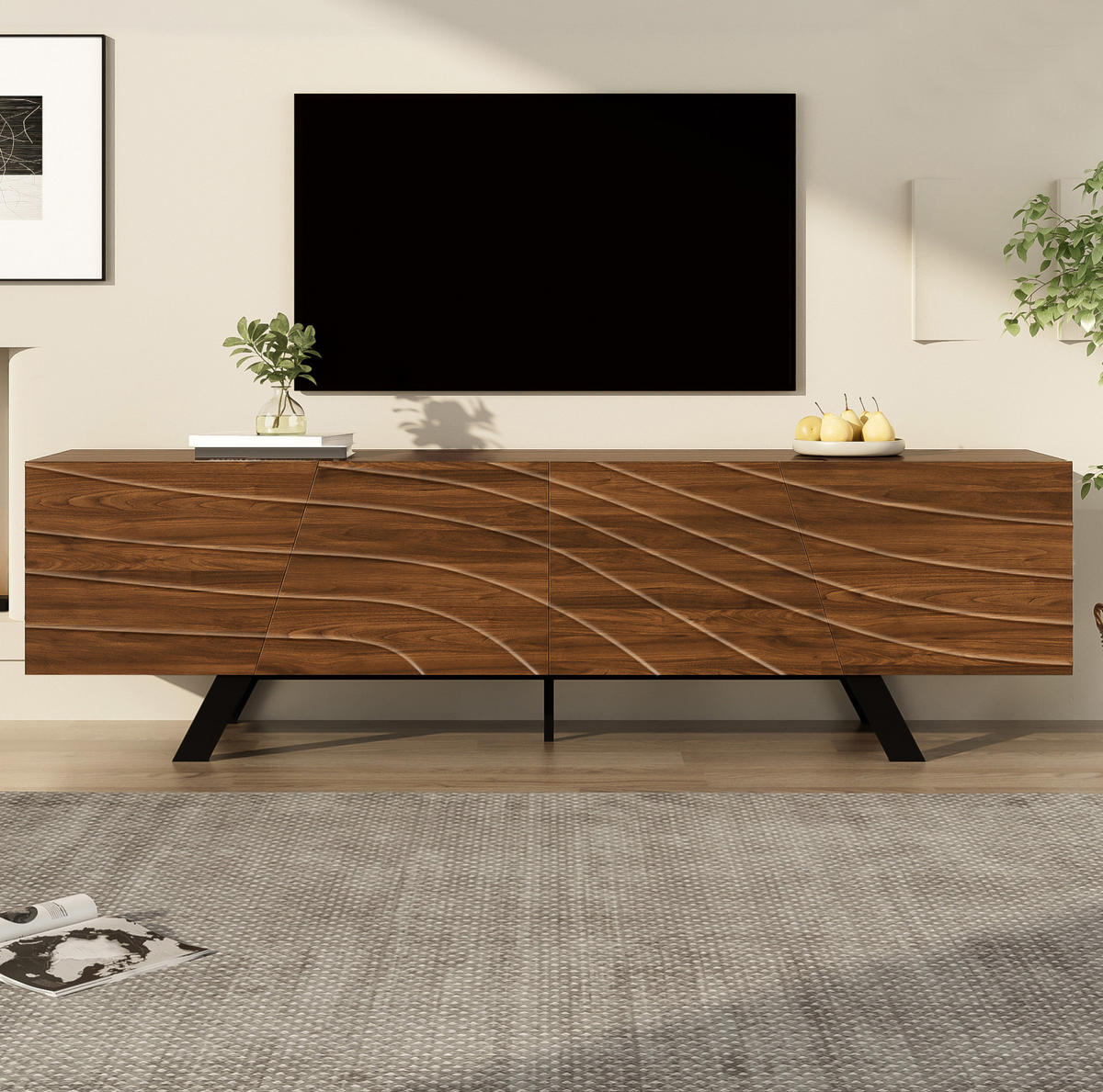 TV-LOWBOARD aus MDF 160x39x50,5 cm Walnussholzfarbe mit Wellenfront, Kabelmanagement und Stauraum - Walnussfarben, Holzwerkstoff (160/50.5/39cm) - IVMEU
